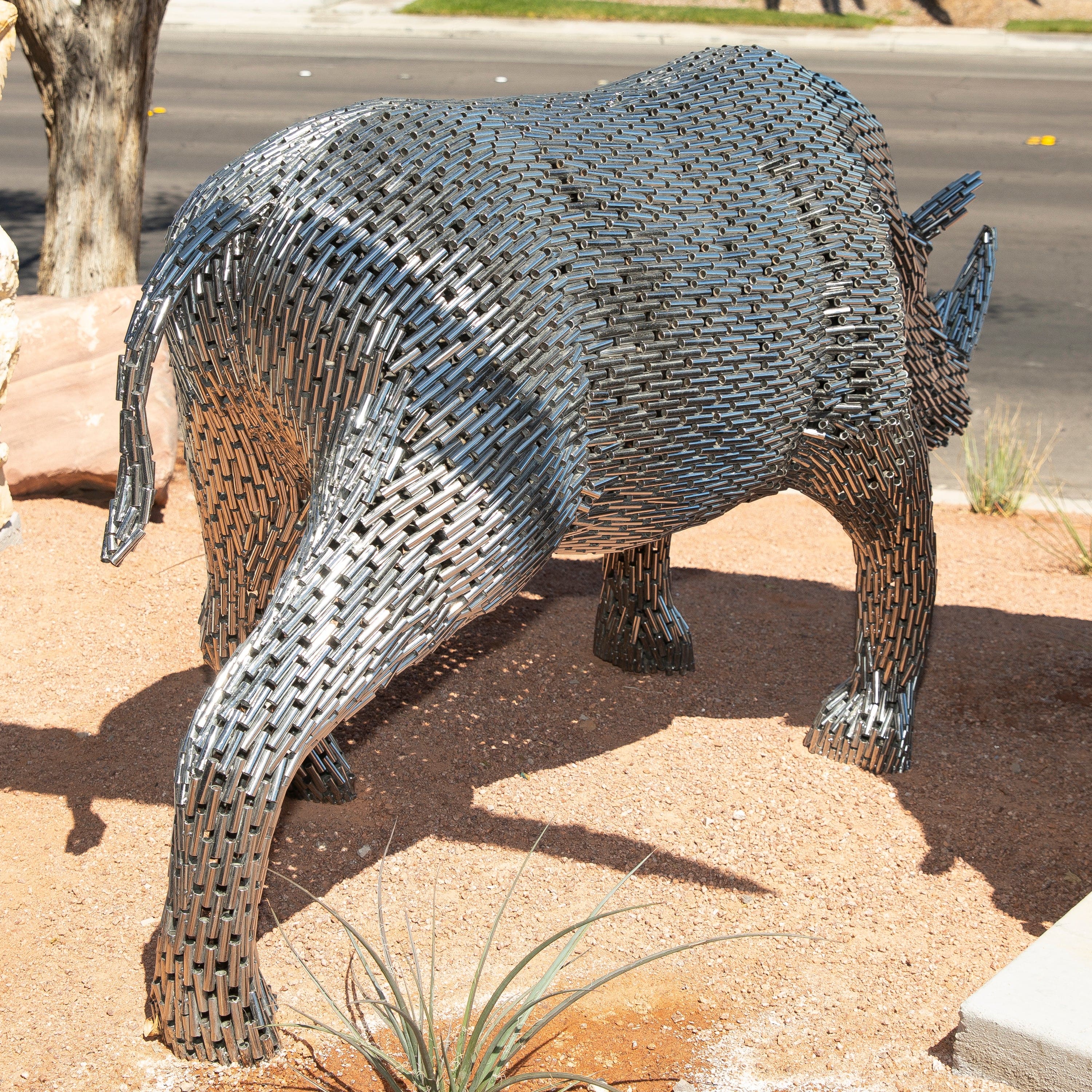 Kalifano Recycled Metal Art Stainless Steel Pipe Walking Rhino SSS-R216