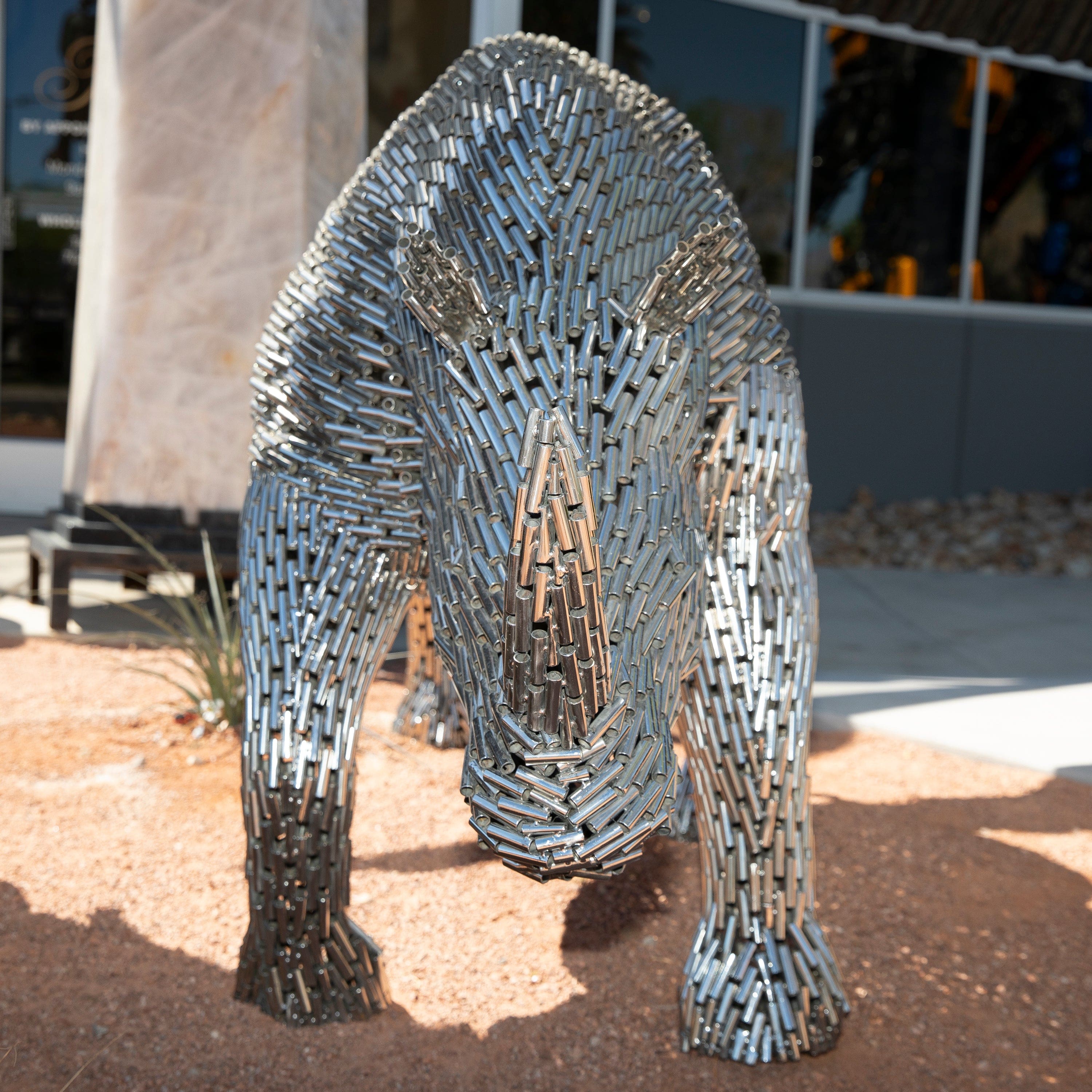 Kalifano Recycled Metal Art Stainless Steel Pipe Walking Rhino SSS-R216