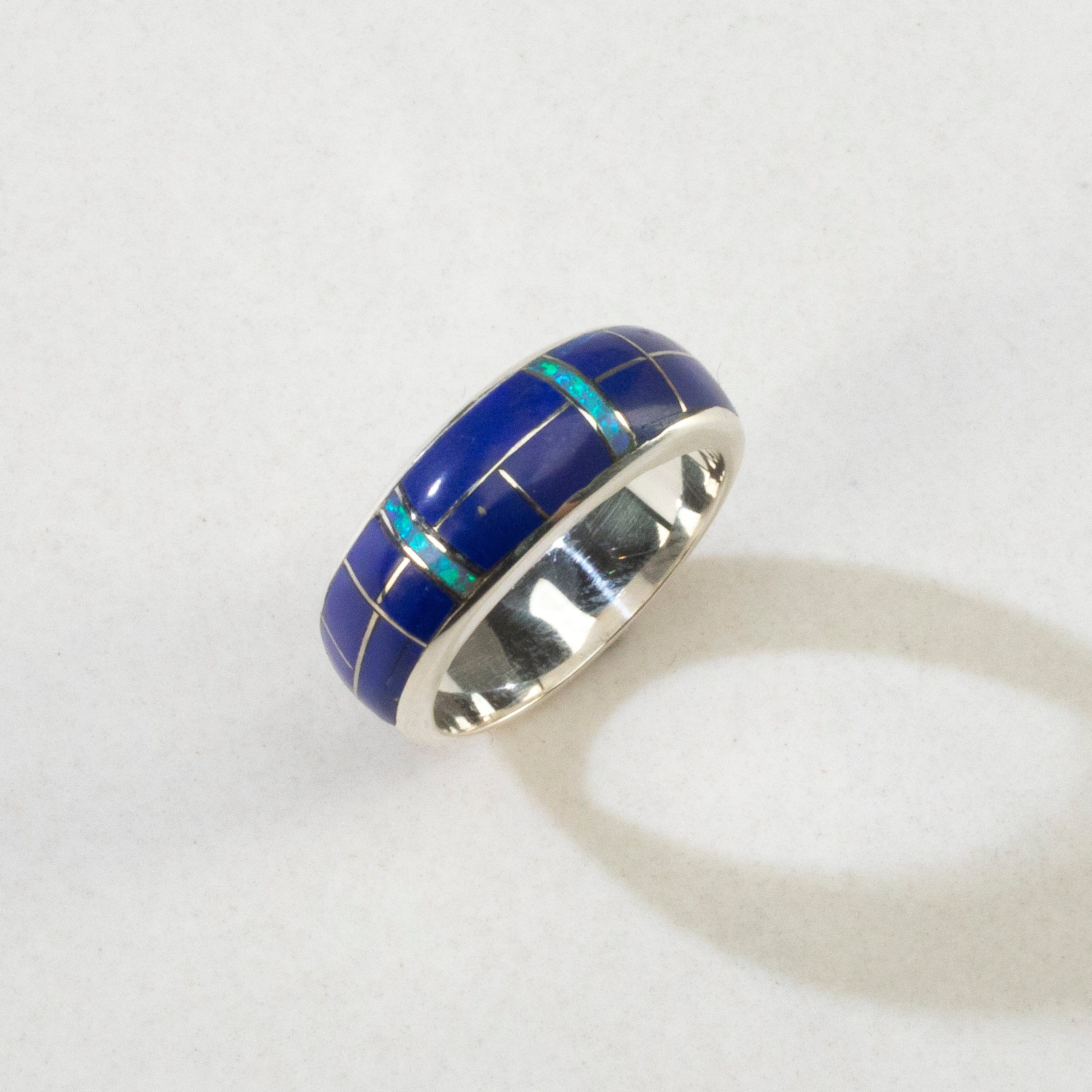 Kalifano Southwest Silver Jewelry Lapis 925 Sterling Silver Ring USA Handmade with Laboratory Opal Accent