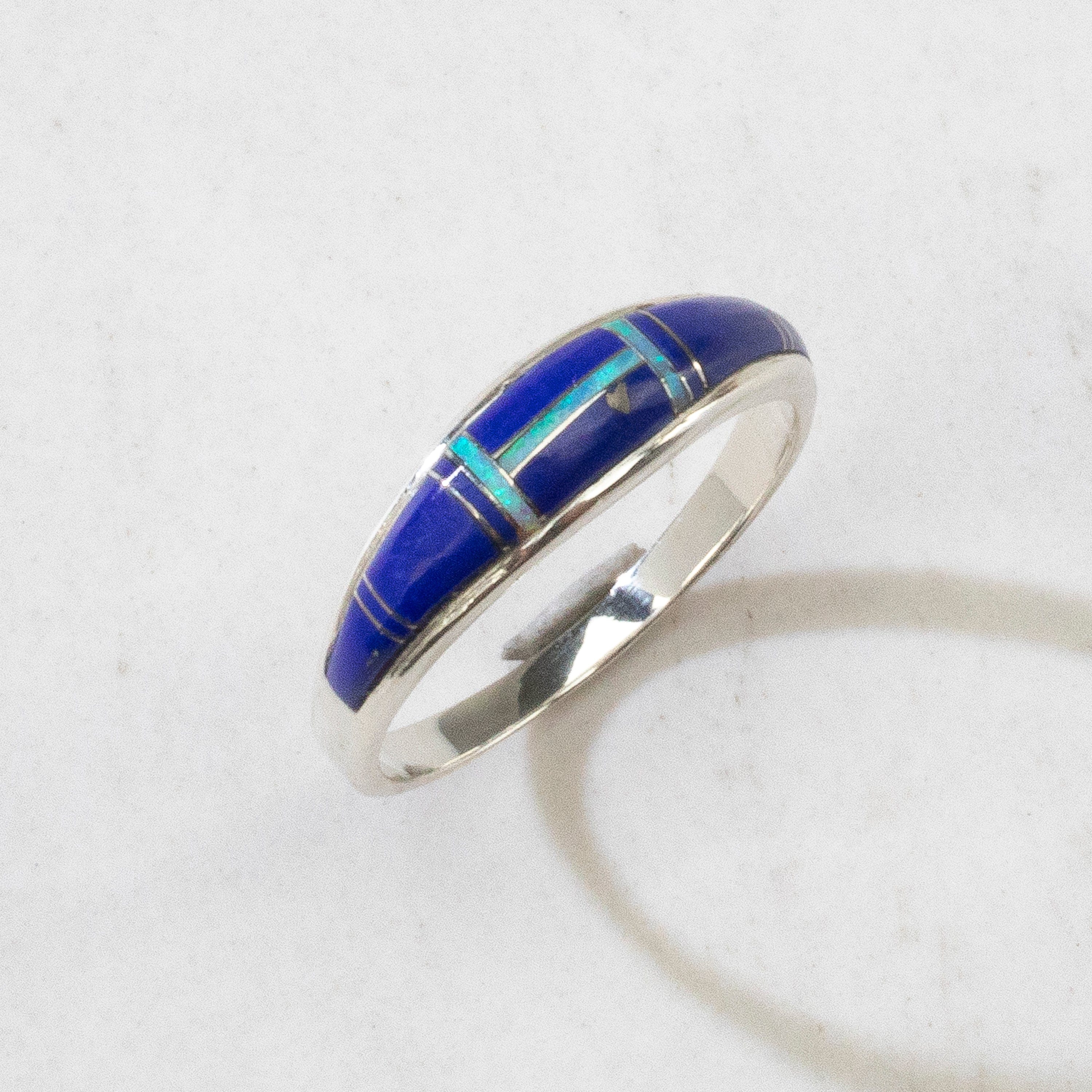 Kalifano Southwest Silver Jewelry Lapis 925 Sterling Silver Ring USA Handmade with Labratory Opal Accent