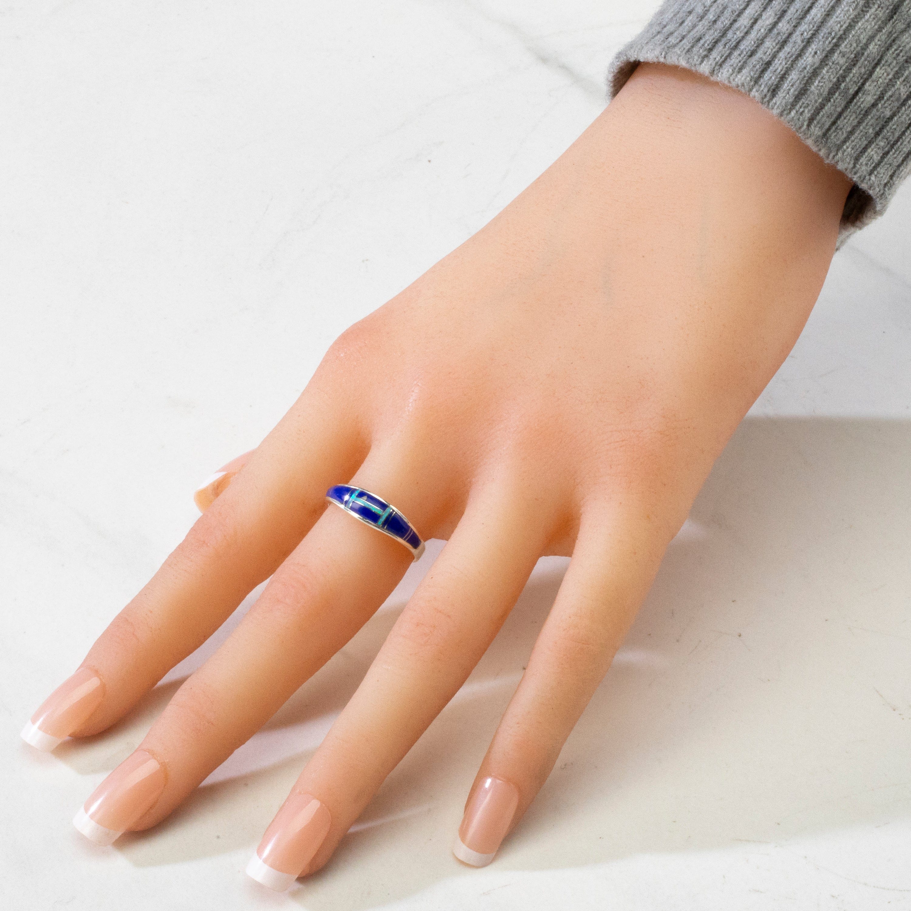 Kalifano Southwest Silver Jewelry Lapis 925 Sterling Silver Ring USA Handmade with Labratory Opal Accent