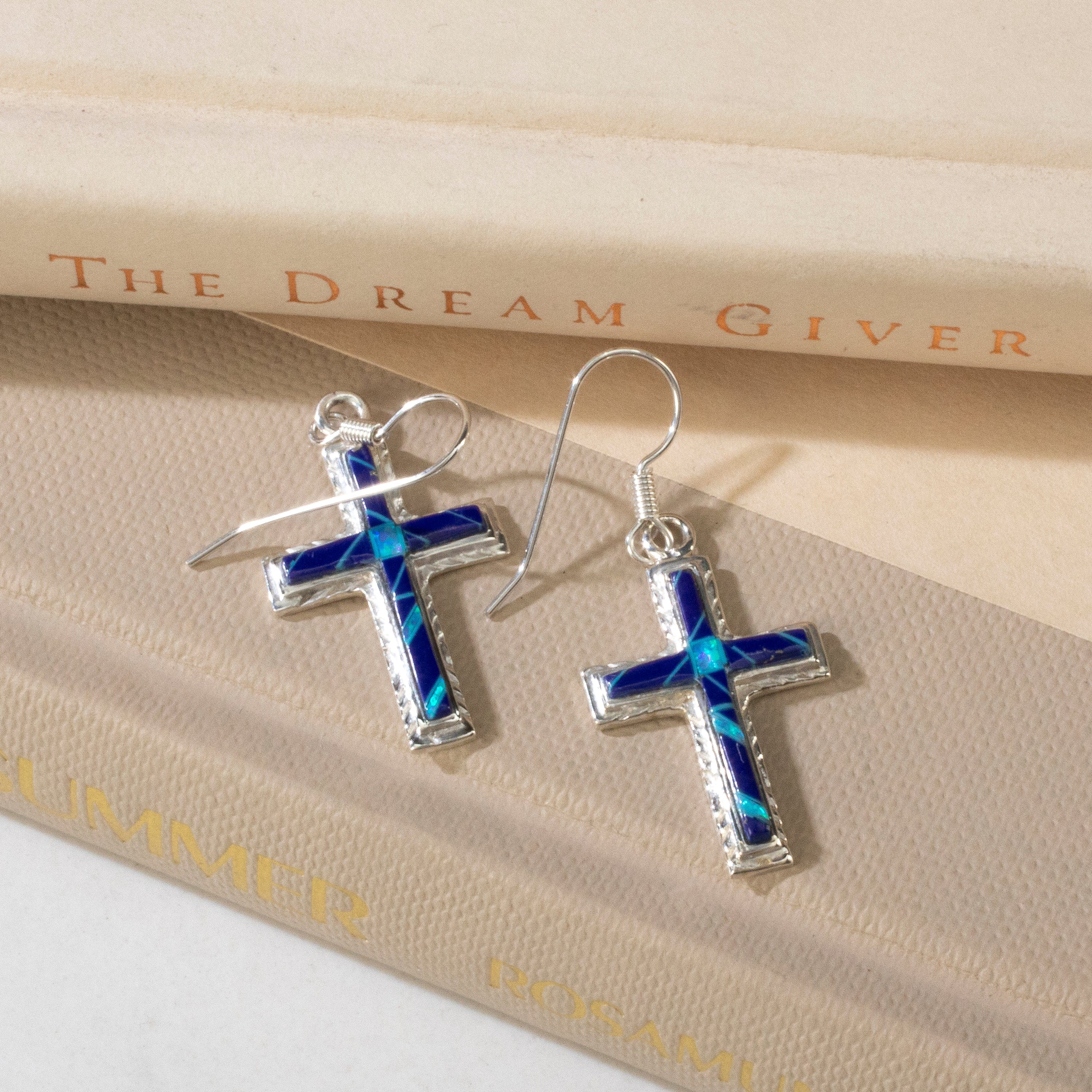 Kalifano Southwest Silver Jewelry Lapis Cross USA Handmade 925 Sterling Silver Earrings with Blue Opal Accent & French Hook Backing NME.2054.LP