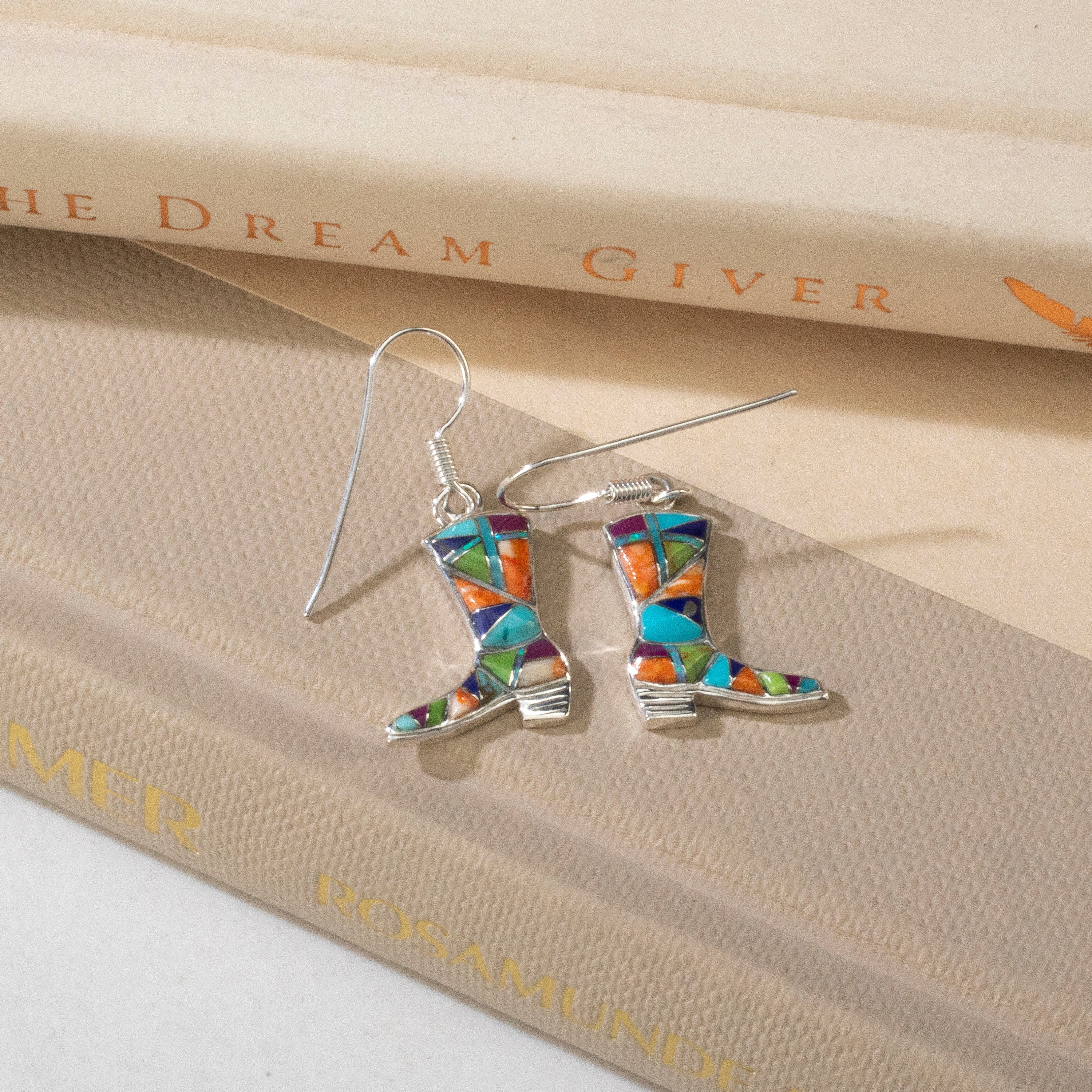 Kalifano Southwest Silver Jewelry Multi Gem Boot USA Handmade 925 Sterling Silver Earrings with Opal Accent & French Hook Backing NME.2297.MT