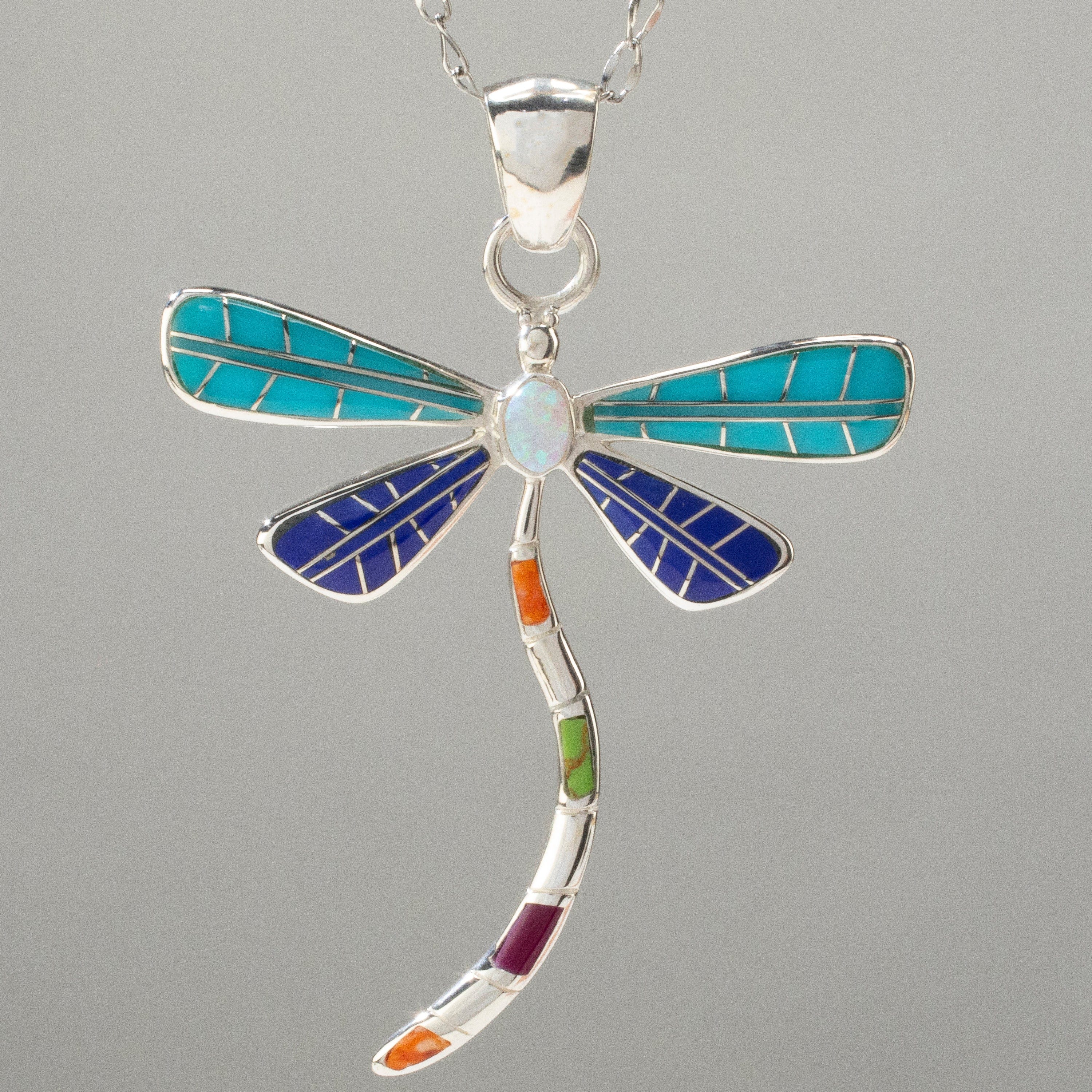 Kalifano Southwest Silver Jewelry Multi Gem Dragonfly 925 Sterling Silver Pendant USA Handmade with Aqua Opal Accent NMN.0893.MT