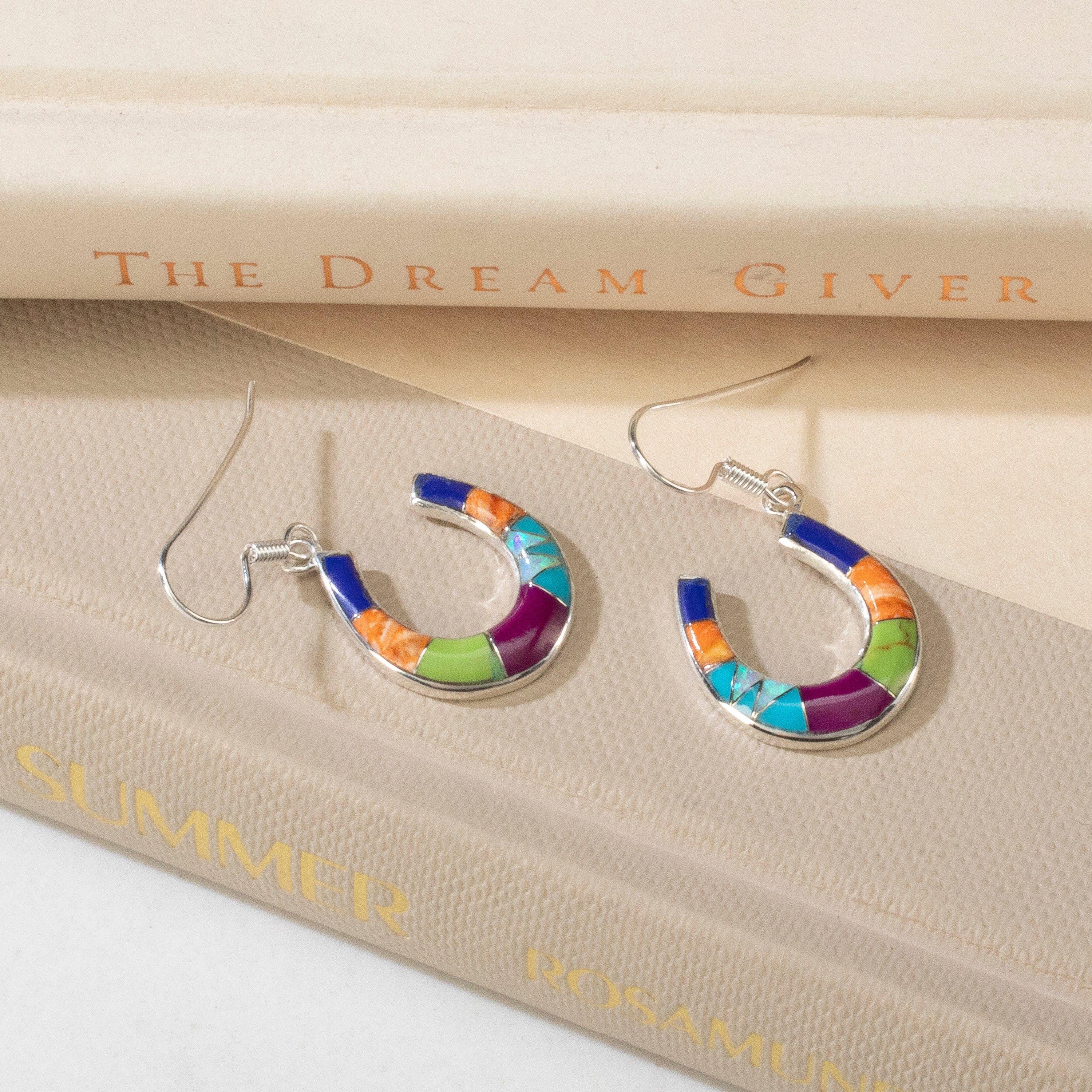 Kalifano Southwest Silver Jewelry Multi Gem Horseshoe USA Handmade 925 Sterling Silver Earrings with Opal Accent & French Hook Backing NME.2339.MT