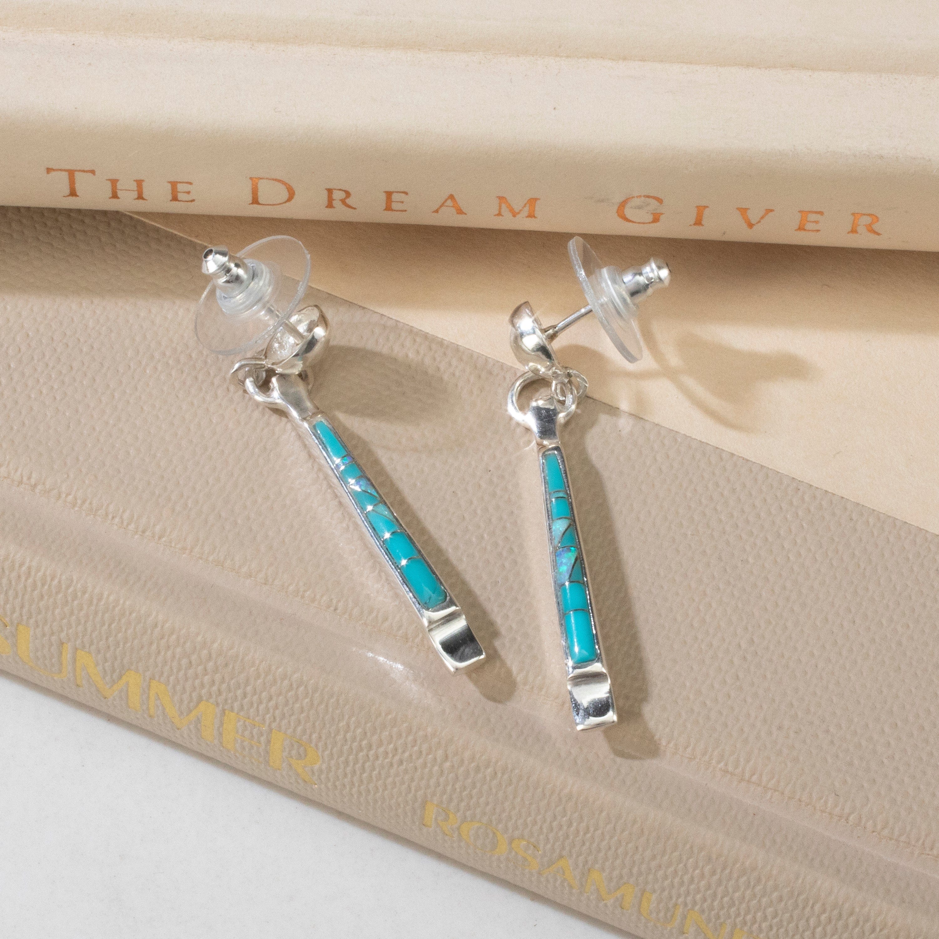 Kalifano Southwest Silver Jewelry Turquoise Dangle USA Handmade 925 Sterling Silver Earrings with Opal Accent & Stud Backing NME.0456.TQ