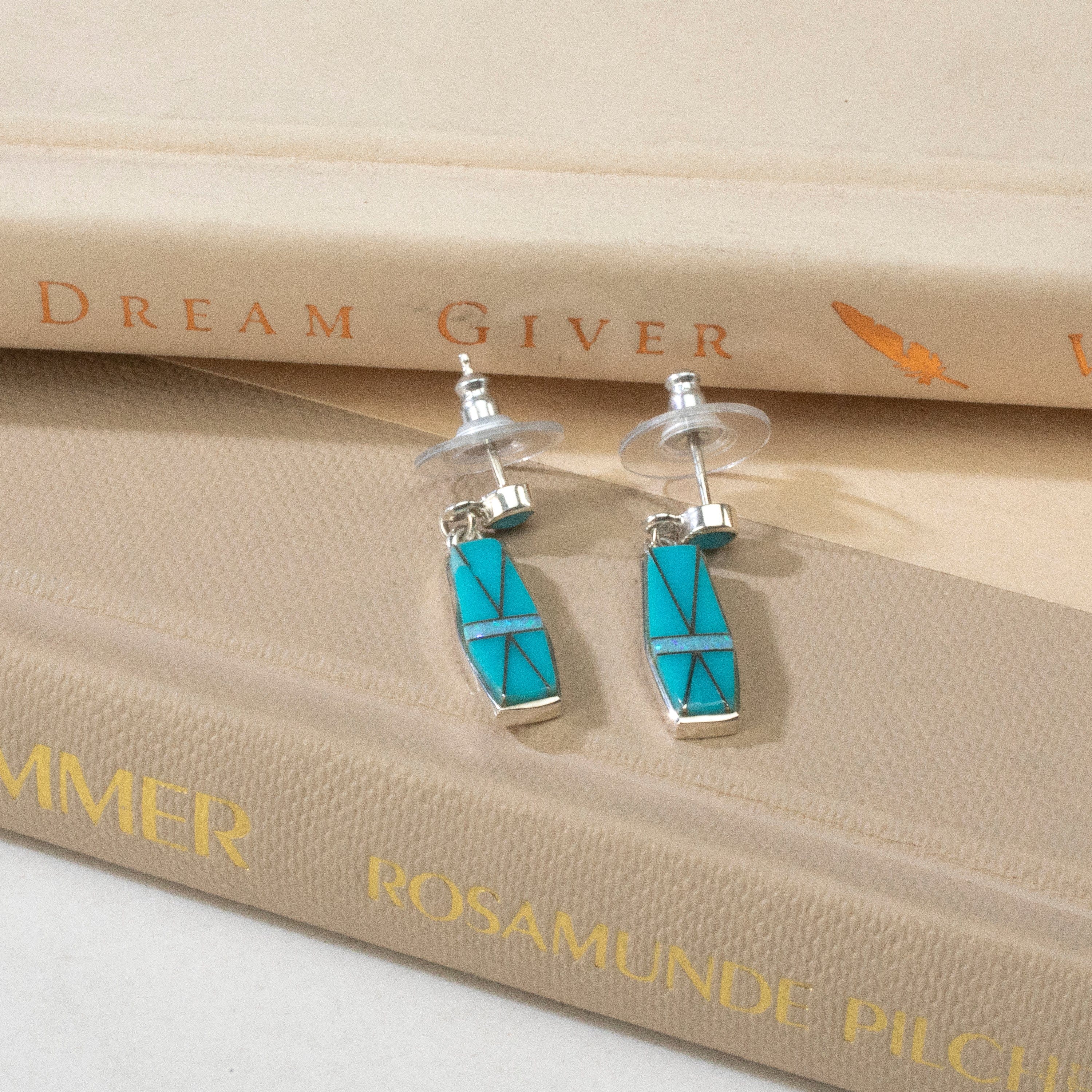 Kalifano Southwest Silver Jewelry Turquoise Hexagon USA Handmade 925 Sterling Silver Earrings with Opal Accent & Stud Backing NME.0812.TQ