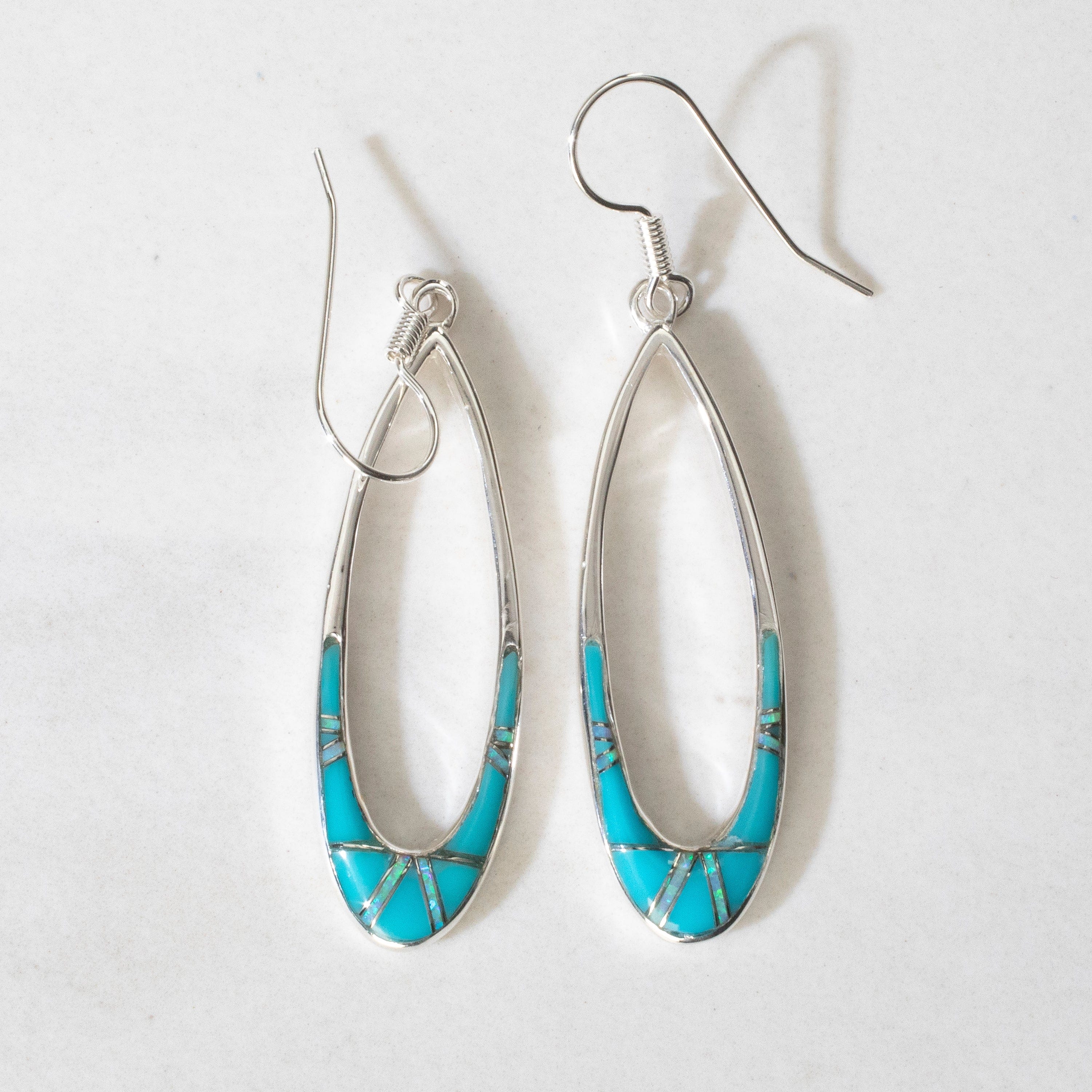 Kalifano Southwest Silver Jewelry Turquoise Oval Hoop USA Handmade 925 Sterling Silver Earrings with Opal Accent & French Hook Backing NME.2300.TQ