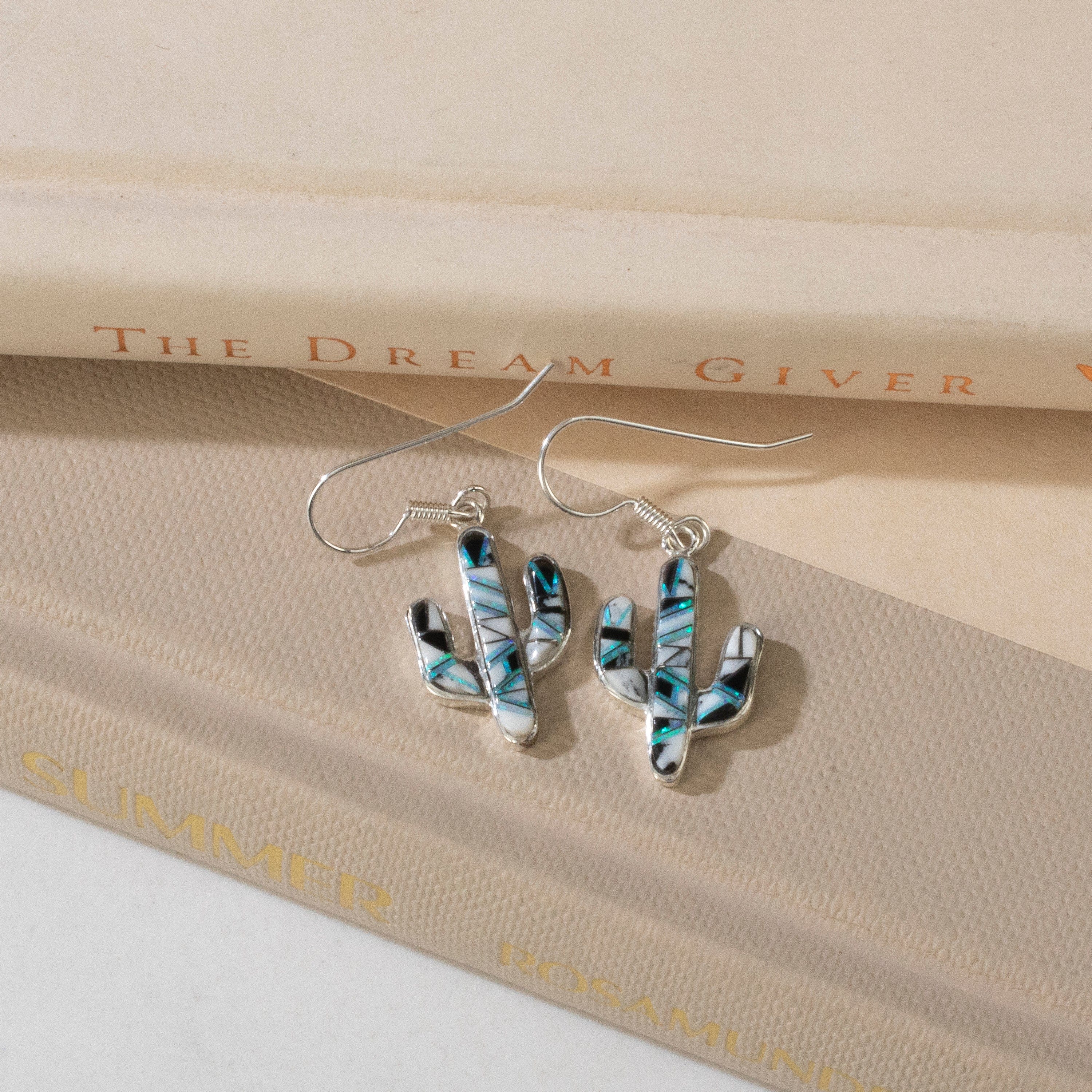 Kalifano Southwest Silver Jewelry White Buffalo Turquoise Cactus USA Handmade 925 Sterling Silver Earrings with Opal Accent & French Hook Backing NME.0602.WB