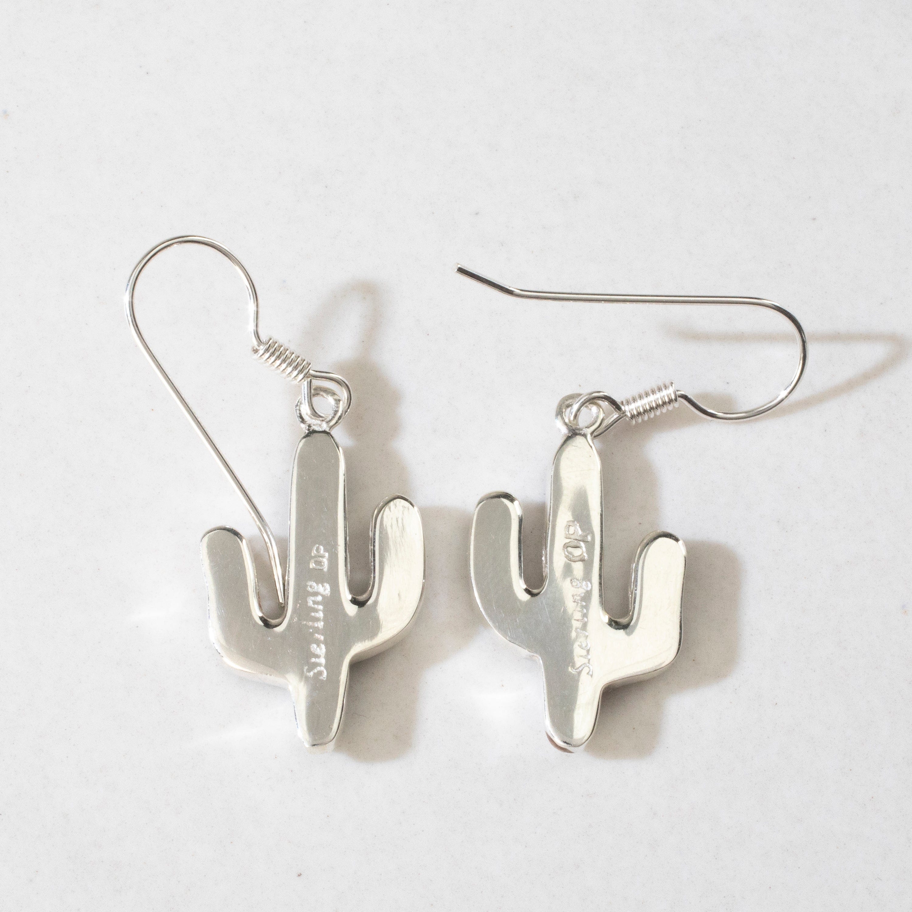 Kalifano Southwest Silver Jewelry White Buffalo Turquoise Cactus USA Handmade 925 Sterling Silver Earrings with Opal Accent & French Hook Backing NME.0602.WB