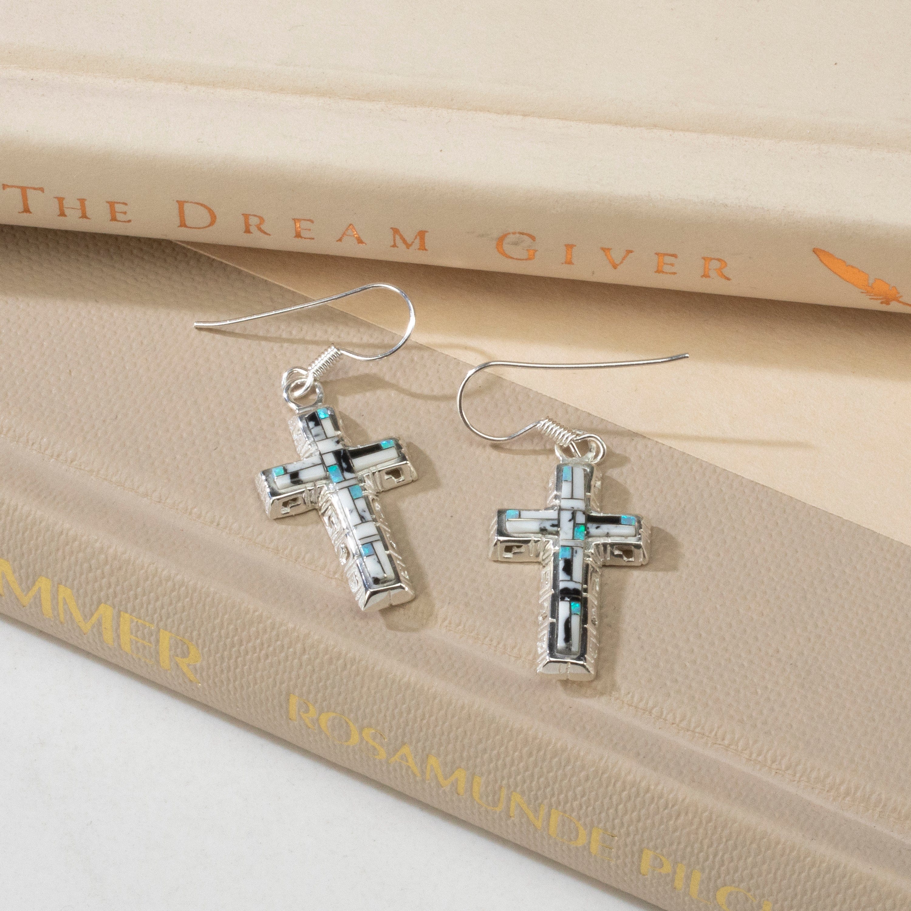 Kalifano Southwest Silver Jewelry White Buffalo Turquoise Cross USA Handmade 925 Sterling Silver Earrings with Opal Accent & French Hook Backing NME.0587.WB
