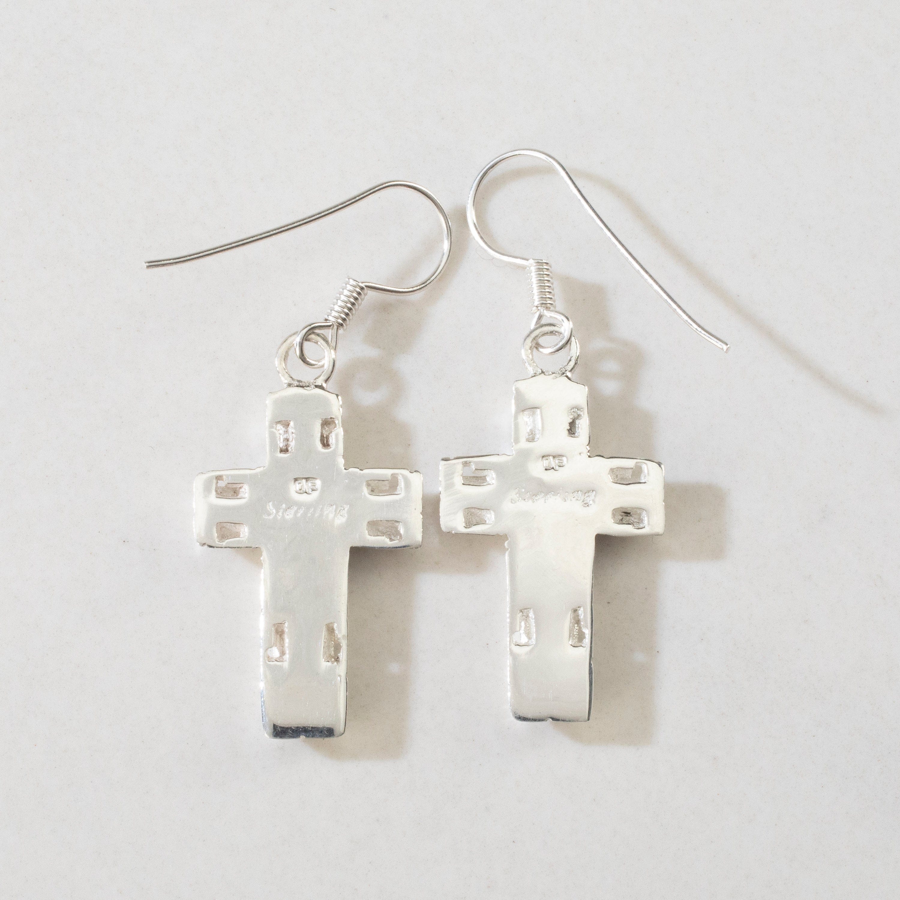 Kalifano Southwest Silver Jewelry White Buffalo Turquoise Cross USA Handmade 925 Sterling Silver Earrings with Opal Accent & French Hook Backing NME.0587.WB