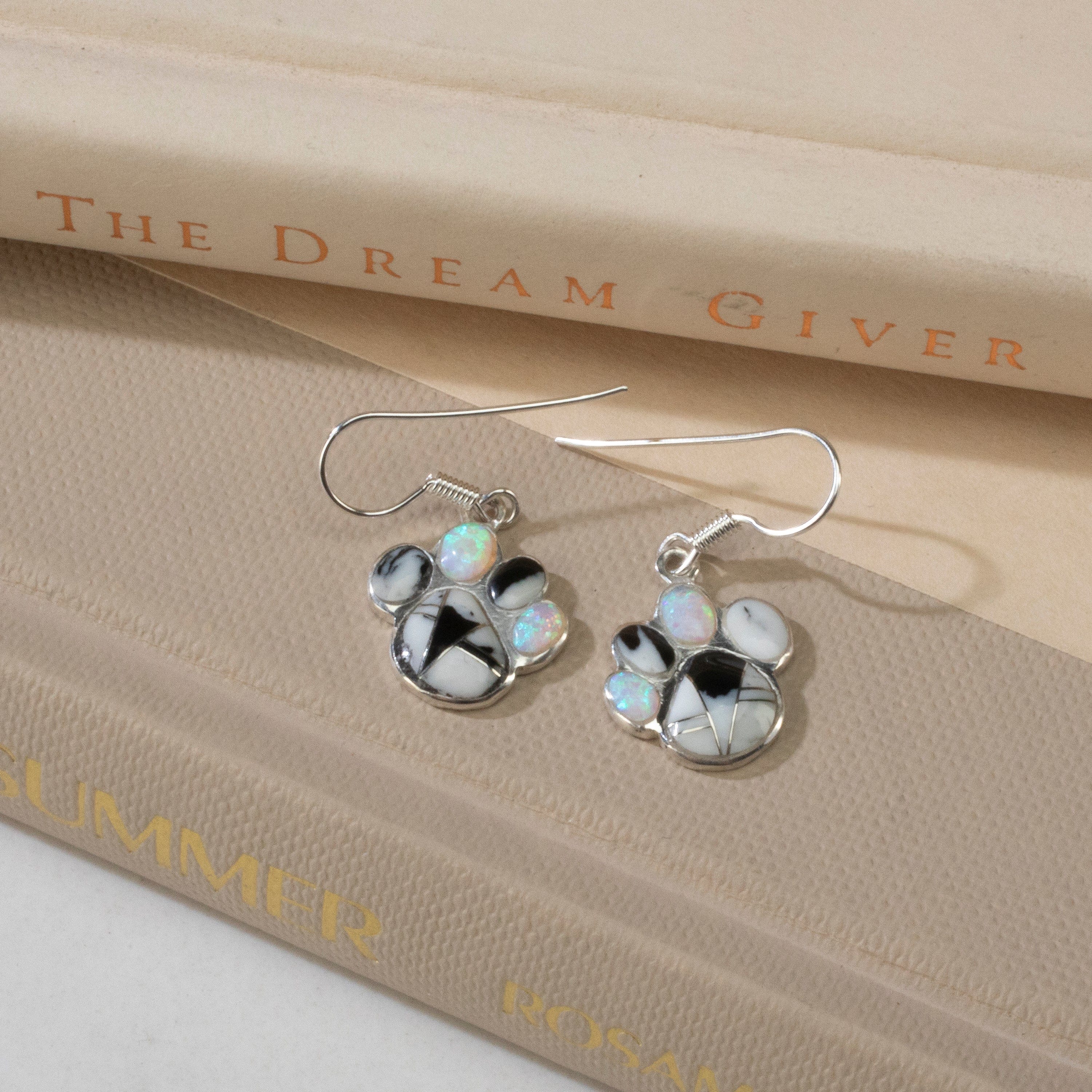 Kalifano Southwest Silver Jewelry White Buffalo Turquoise Dog Paw USA Handmade 925 Sterling Silver Earrings with Opal Accent & French Hook Backing NME.2364.WB