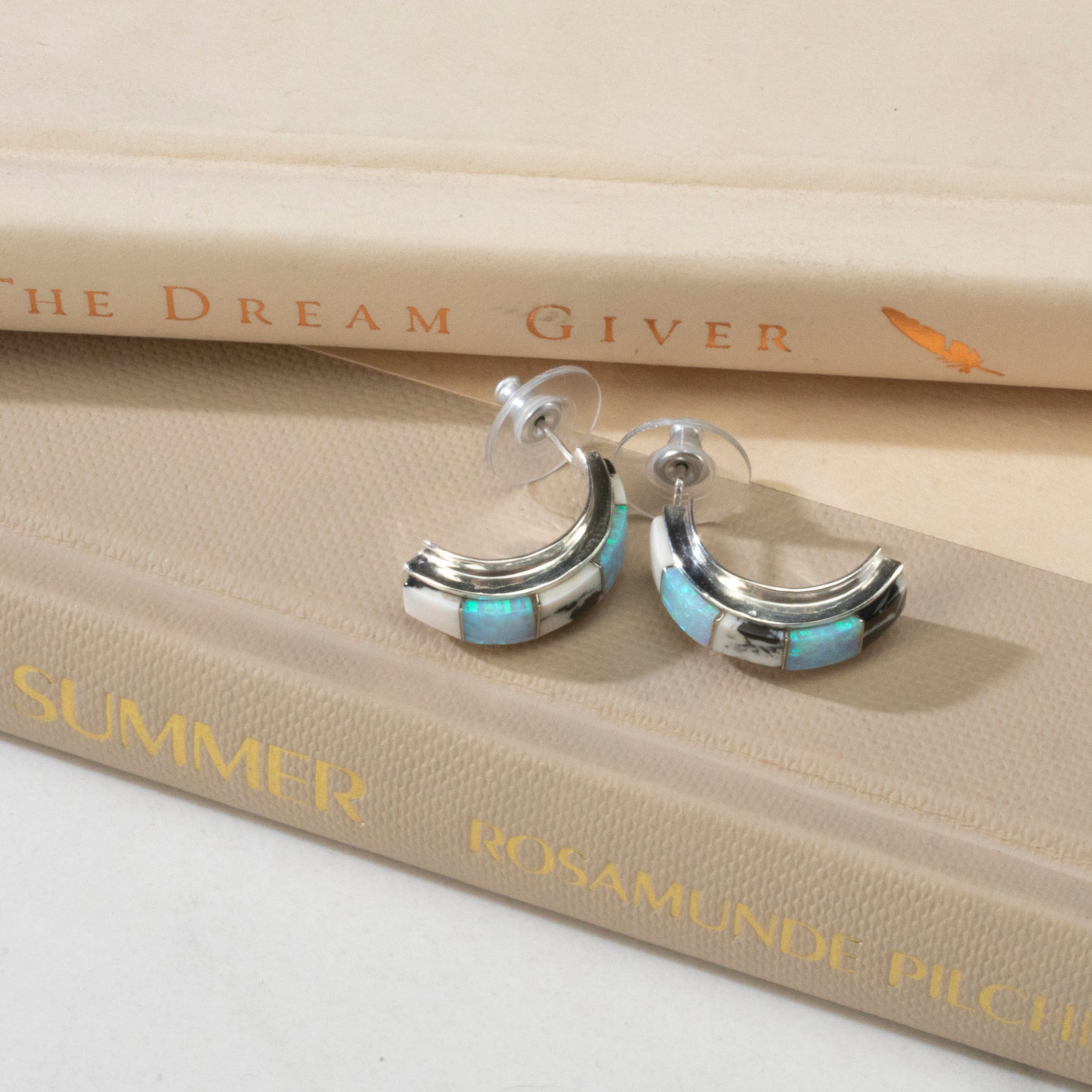 Kalifano Southwest Silver Jewelry White Buffalo Turquoise & Opal Semi Hoop USA Handmade 925 Sterling Silver Earrings with Stud Backing NME.0391.WB