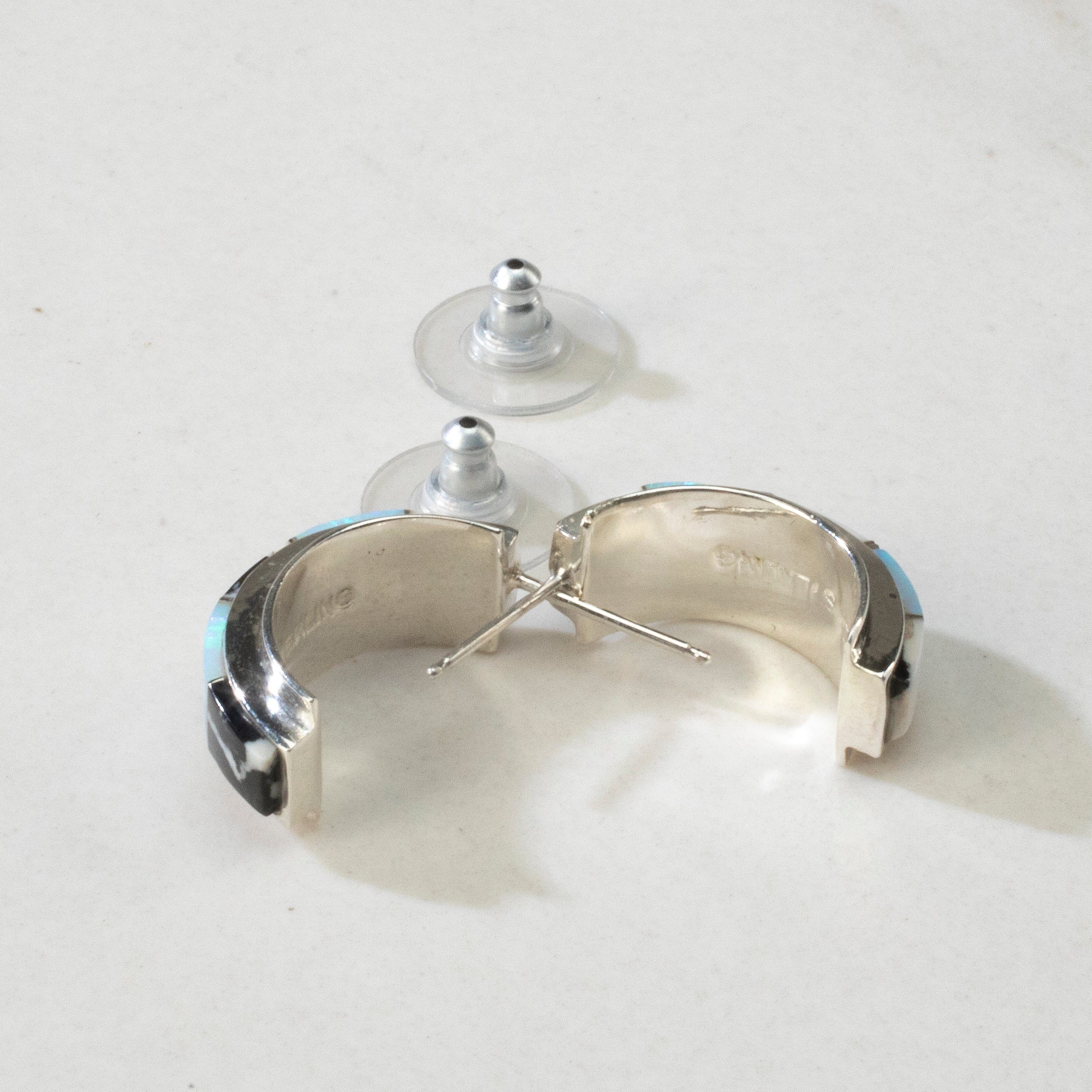 Kalifano Southwest Silver Jewelry White Buffalo Turquoise & Opal Semi Hoop USA Handmade 925 Sterling Silver Earrings with Stud Backing NME.0391.WB