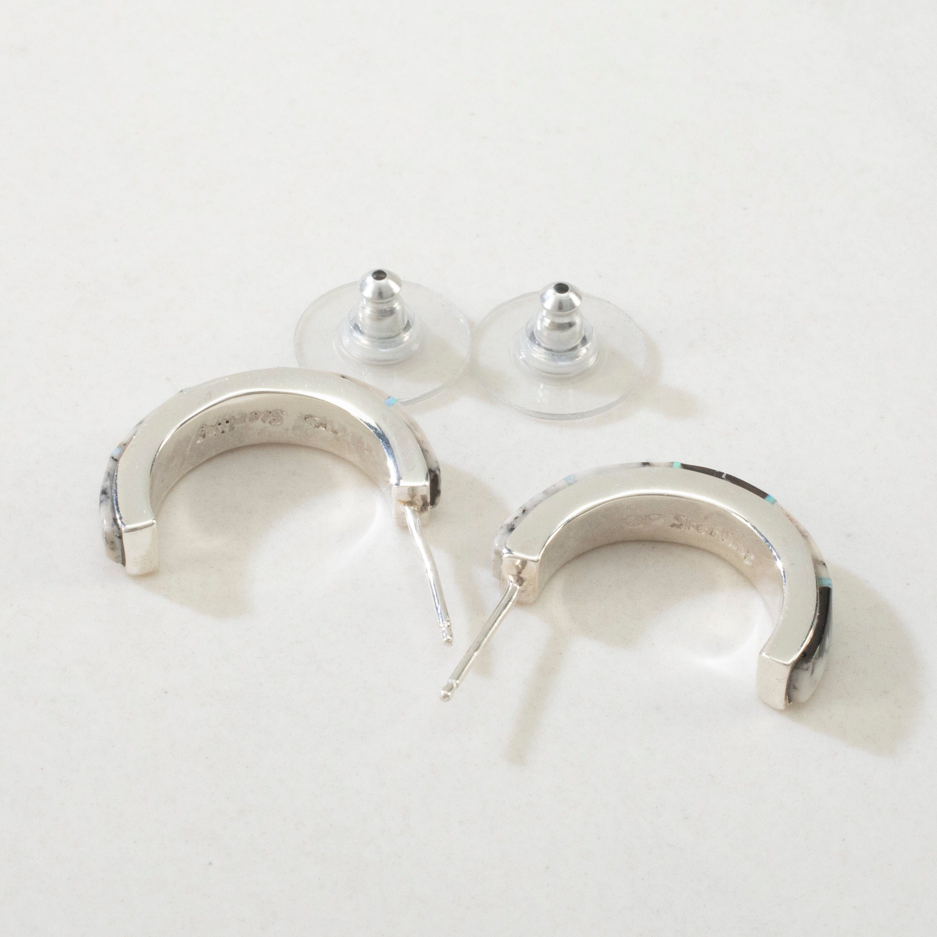 Kalifano Southwest Silver Jewelry White Buffalo Turquoise Semi Hoop USA Handmade 925 Sterling Silver Earrings with Opal Accent & Stud Backing NME.0401.WB