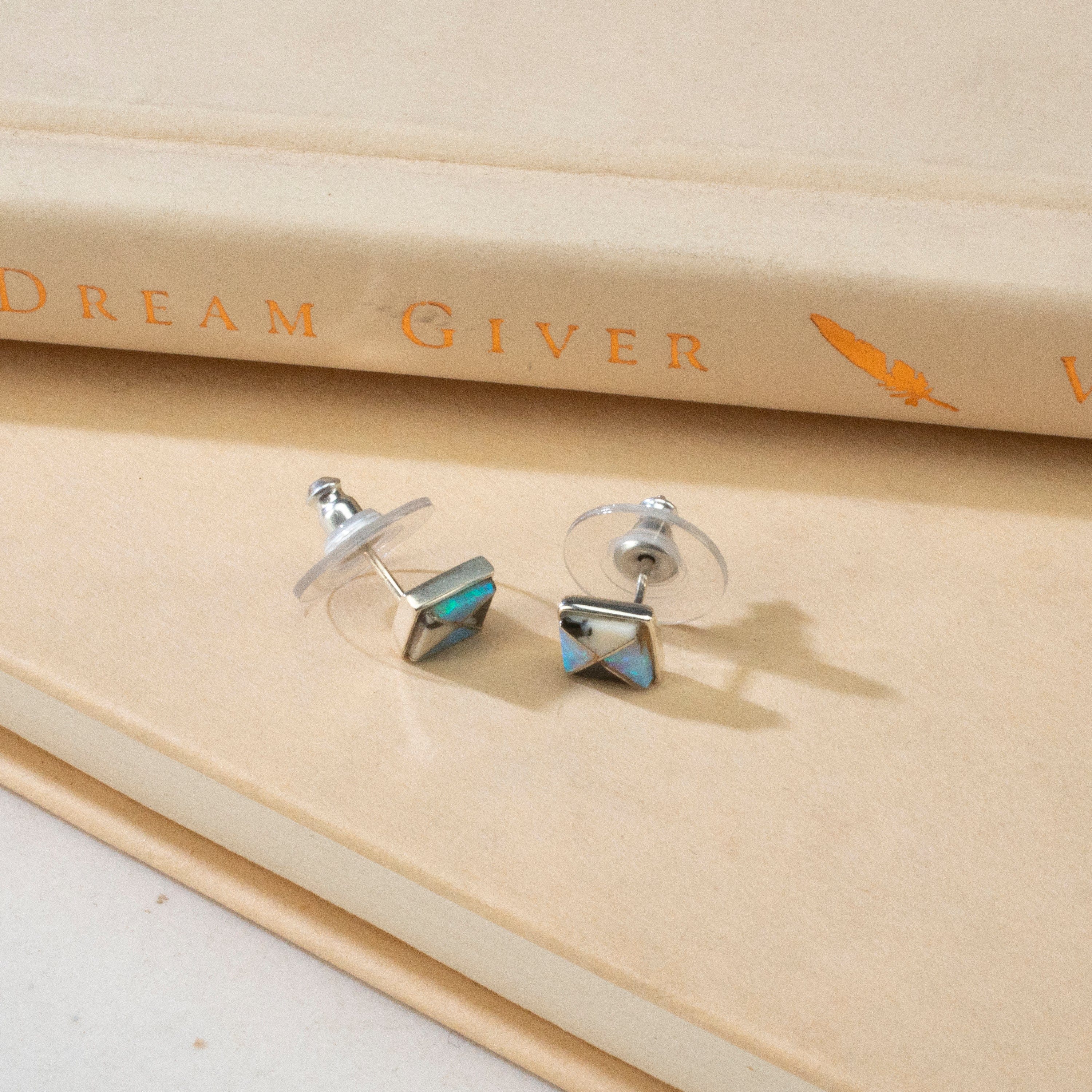 Kalifano Southwest Silver Jewelry White Buffalo Turquoise Square USA Handmade 925 Sterling Silver Earrings with Opal Accent & Stud Backing NME.2262.WB