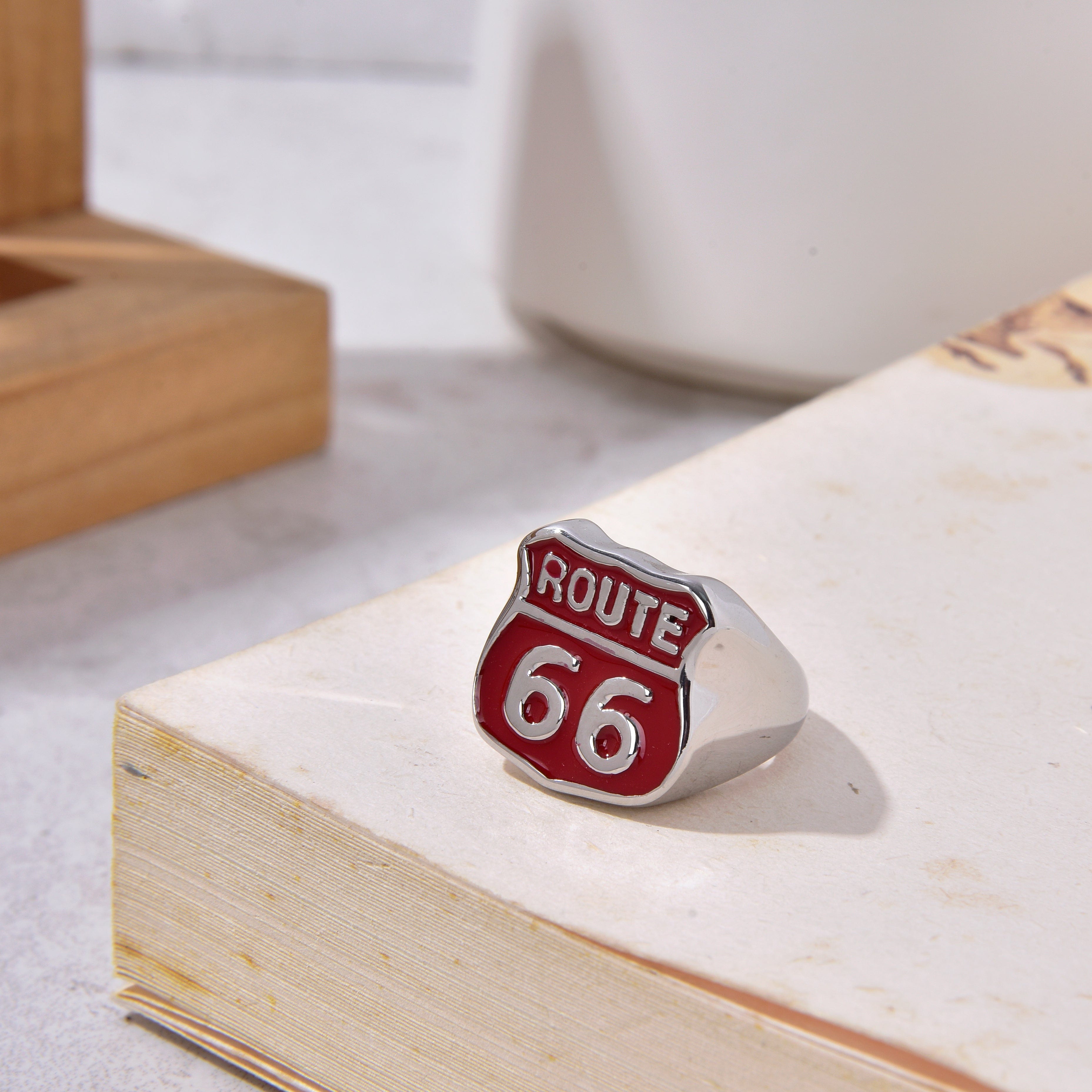 Kalifano Steel Hearts Jewelry Silver and Red Route 66 Steel Hearts Ring