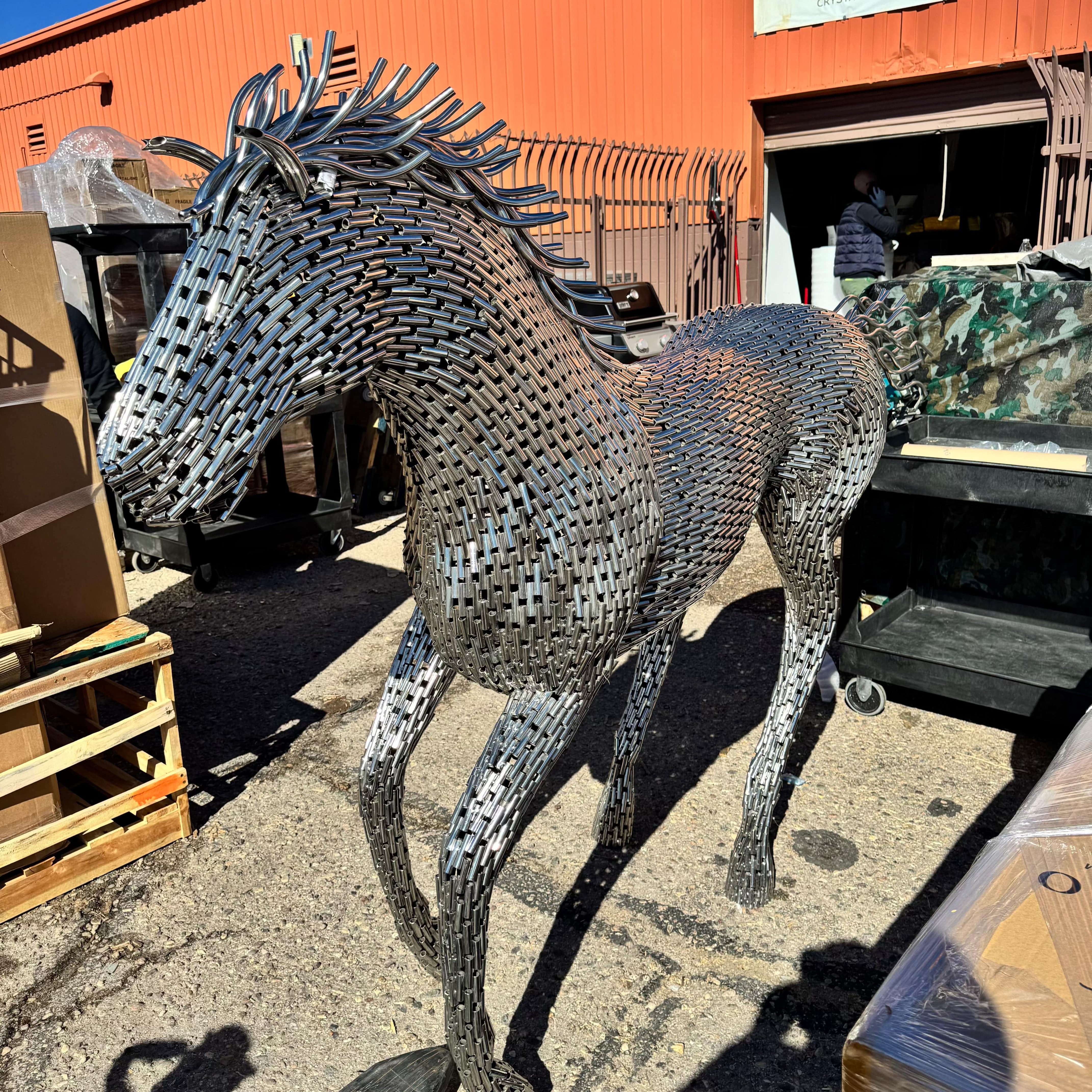 Kalifano Teak Wood and Stainless Steel Stainless Steel Running Pipe Horse SSS-H266