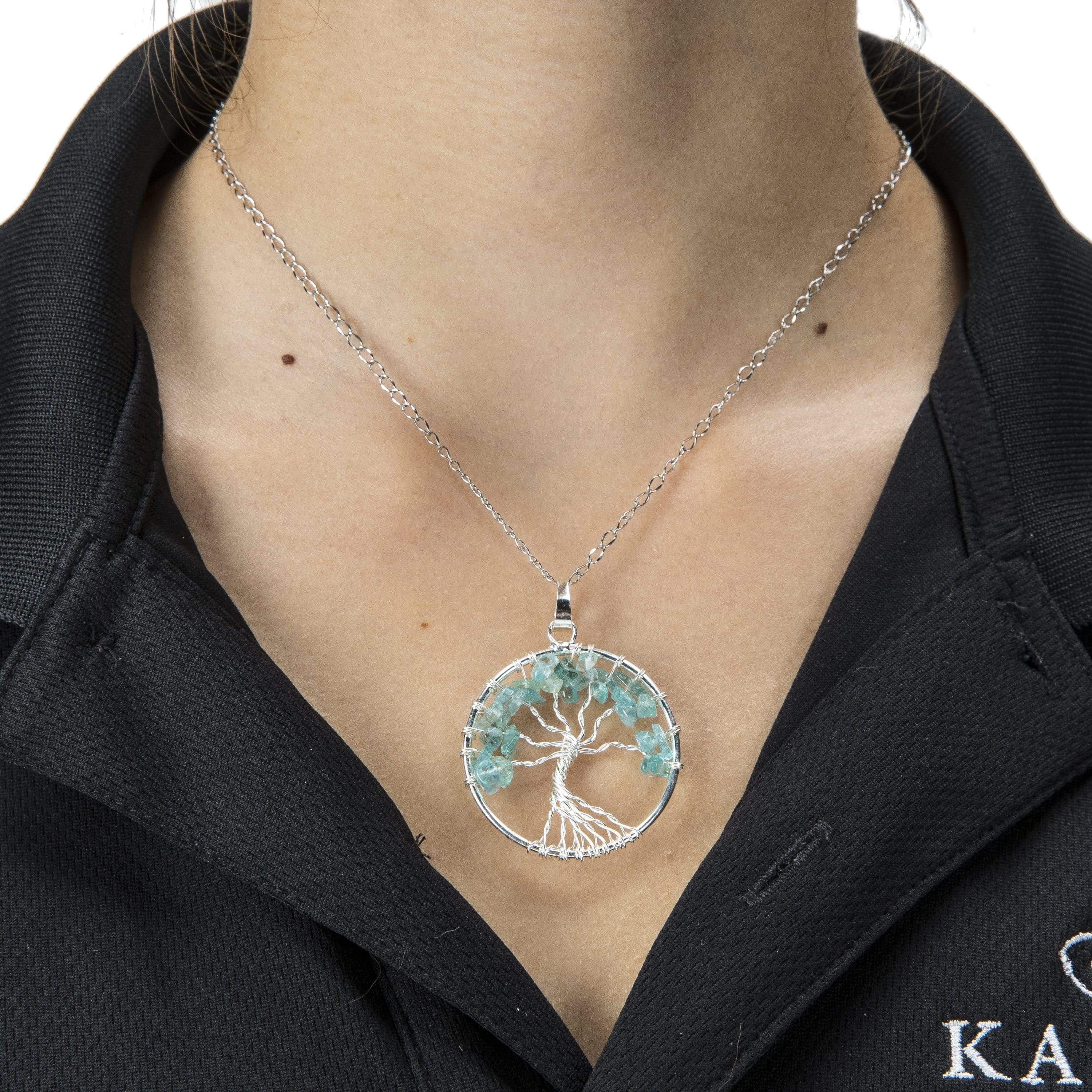 Kalifano Crystal Jewelry Aquamarine Chakra Gemstone Tree of Life Necklace & Stainless Steel Chain CJCN20-AQ