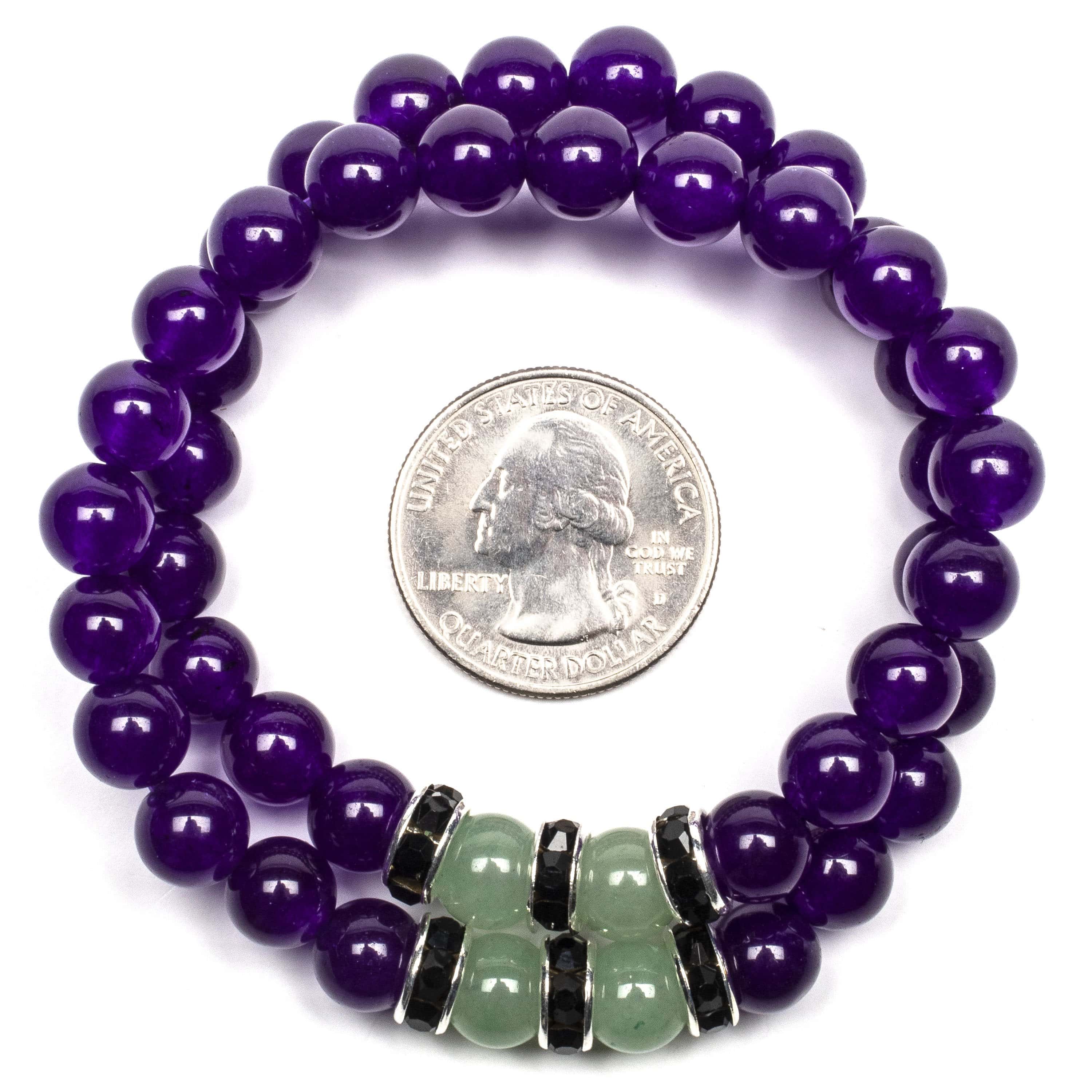 Kalifano Gemstone Bracelets Amethyst 8mm Beads with Aventurine and Black and Silver Accent Beads Double Wrap Elastic Gemstone Bracelet WHITE-BGI2-014