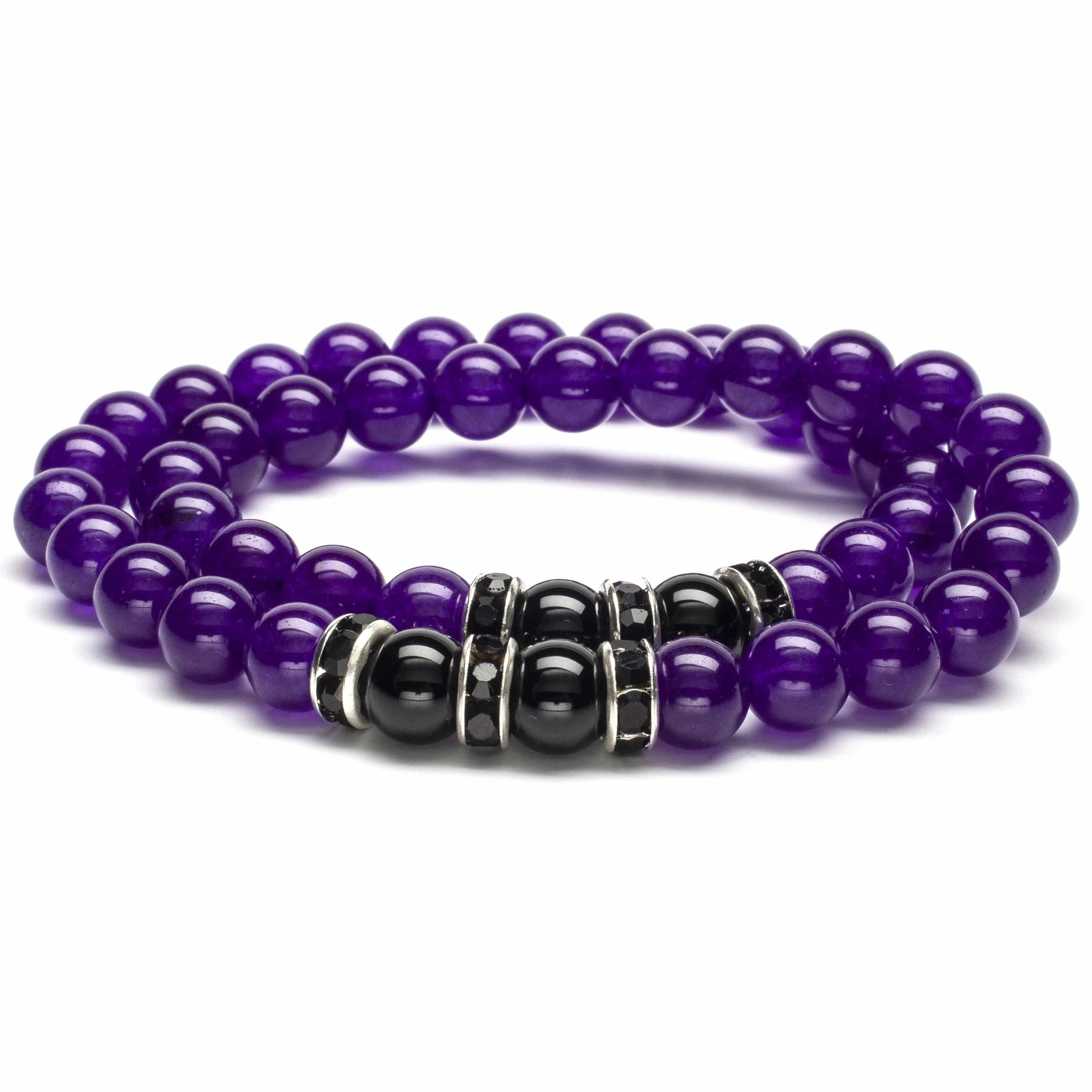Kalifano Gemstone Bracelets Amethyst 8mm Beads with Black Agate and Black & Silver Accent Beads Double Wrap Elastic Gemstone Bracelet WHITE-BGI2-008
