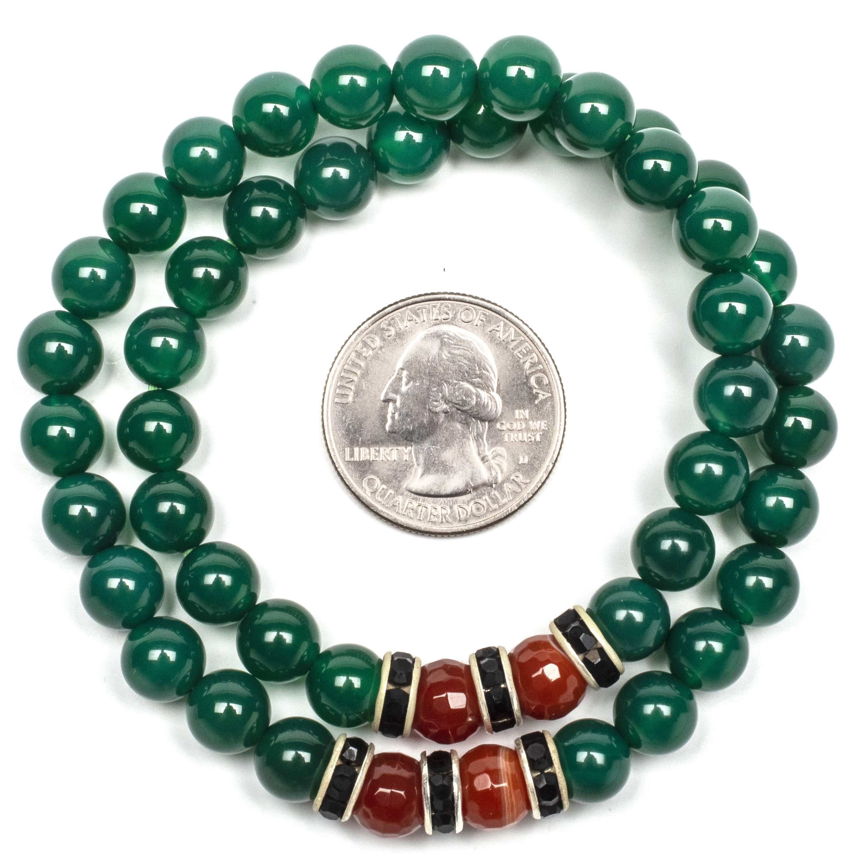 Kalifano Gemstone Bracelets Aventurine 8mm Beads with Carnellian and Black and Silver Accent Beads Double Wrap Elastic Gemstone Bracelet WHITE-BGI2-021