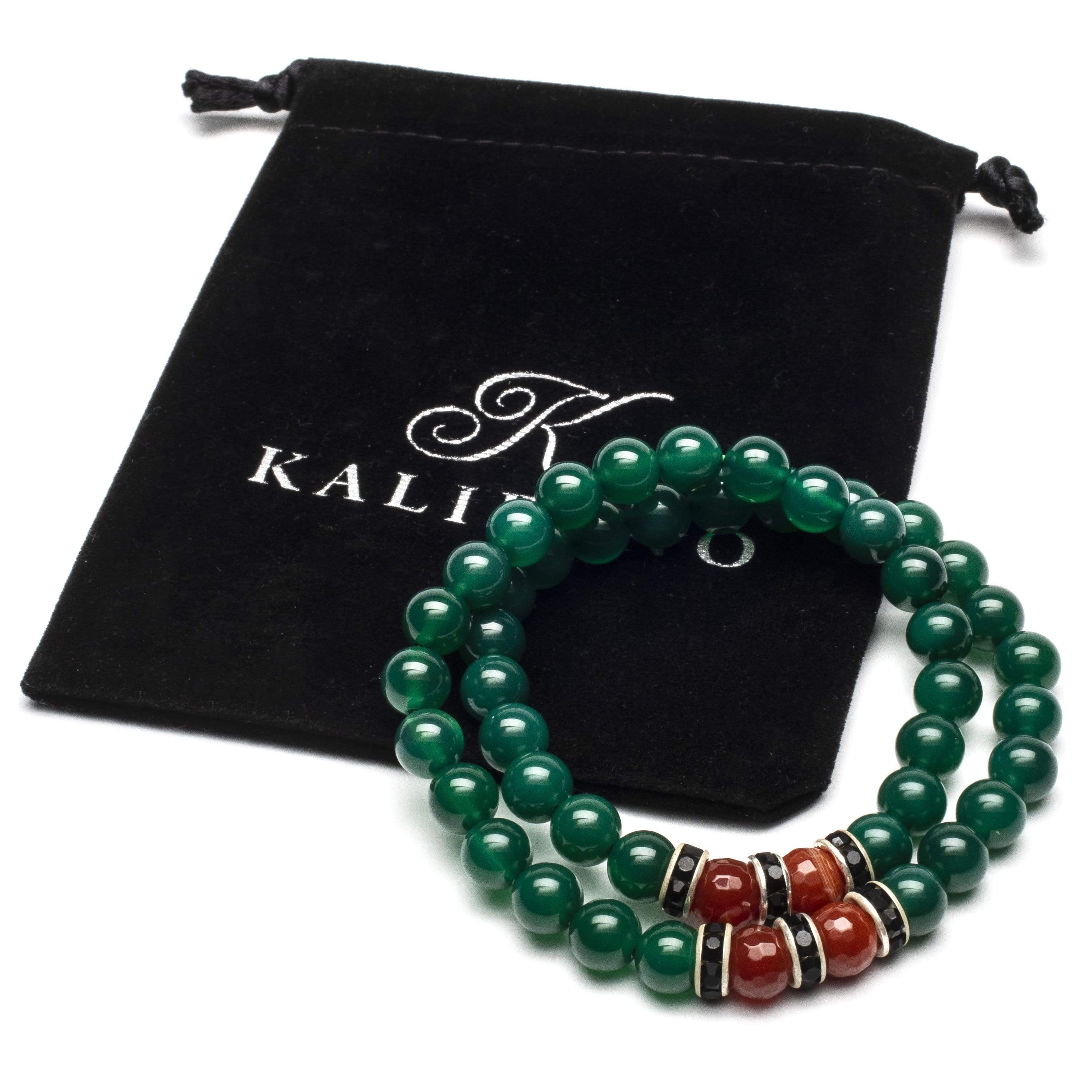 Kalifano Gemstone Bracelets Aventurine 8mm Beads with Carnellian and Black and Silver Accent Beads Double Wrap Elastic Gemstone Bracelet WHITE-BGI2-021