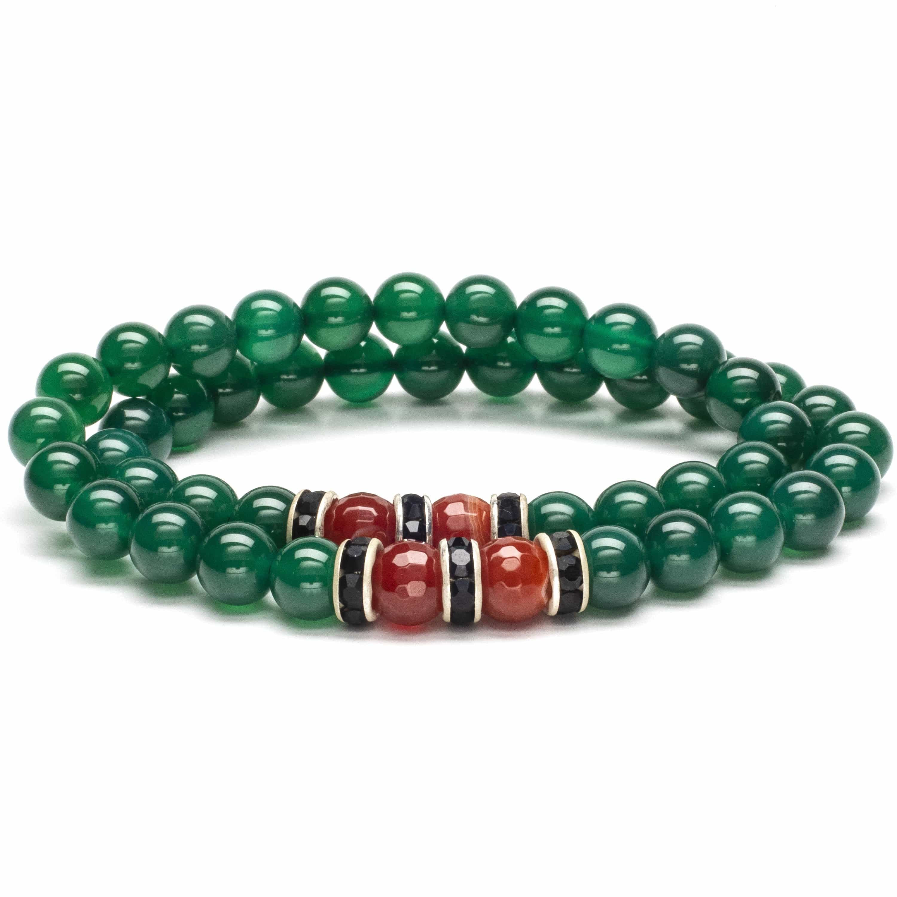 Kalifano Gemstone Bracelets Aventurine 8mm Beads with Carnellian and Black and Silver Accent Beads Double Wrap Elastic Gemstone Bracelet WHITE-BGI2-021