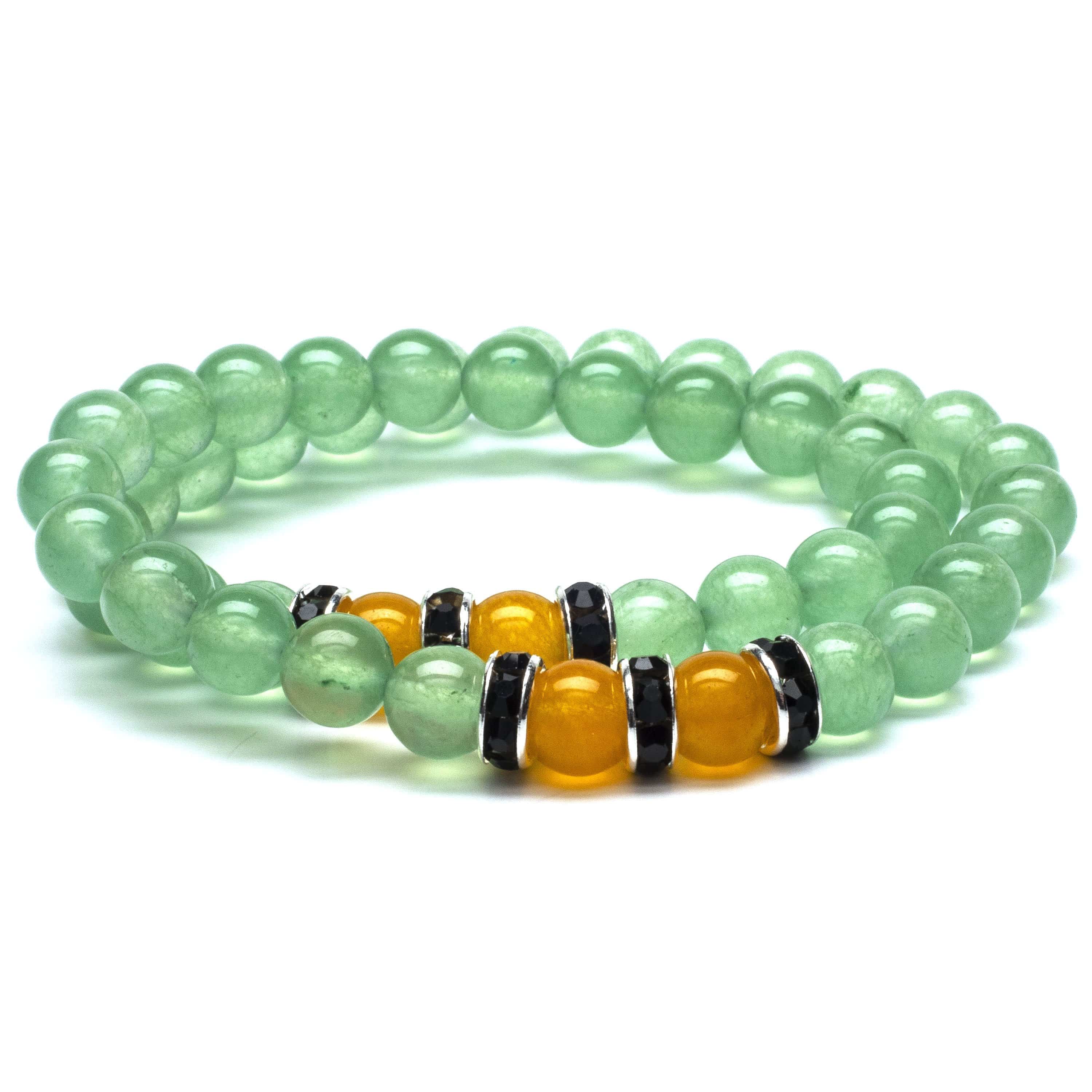 Kalifano Gemstone Bracelets Aventurine 8mm Beads with Yellow Agate and Black and Silver Accent Beads Double Wrap Elastic Gemstone Bracelet WHITE-BGI2-023