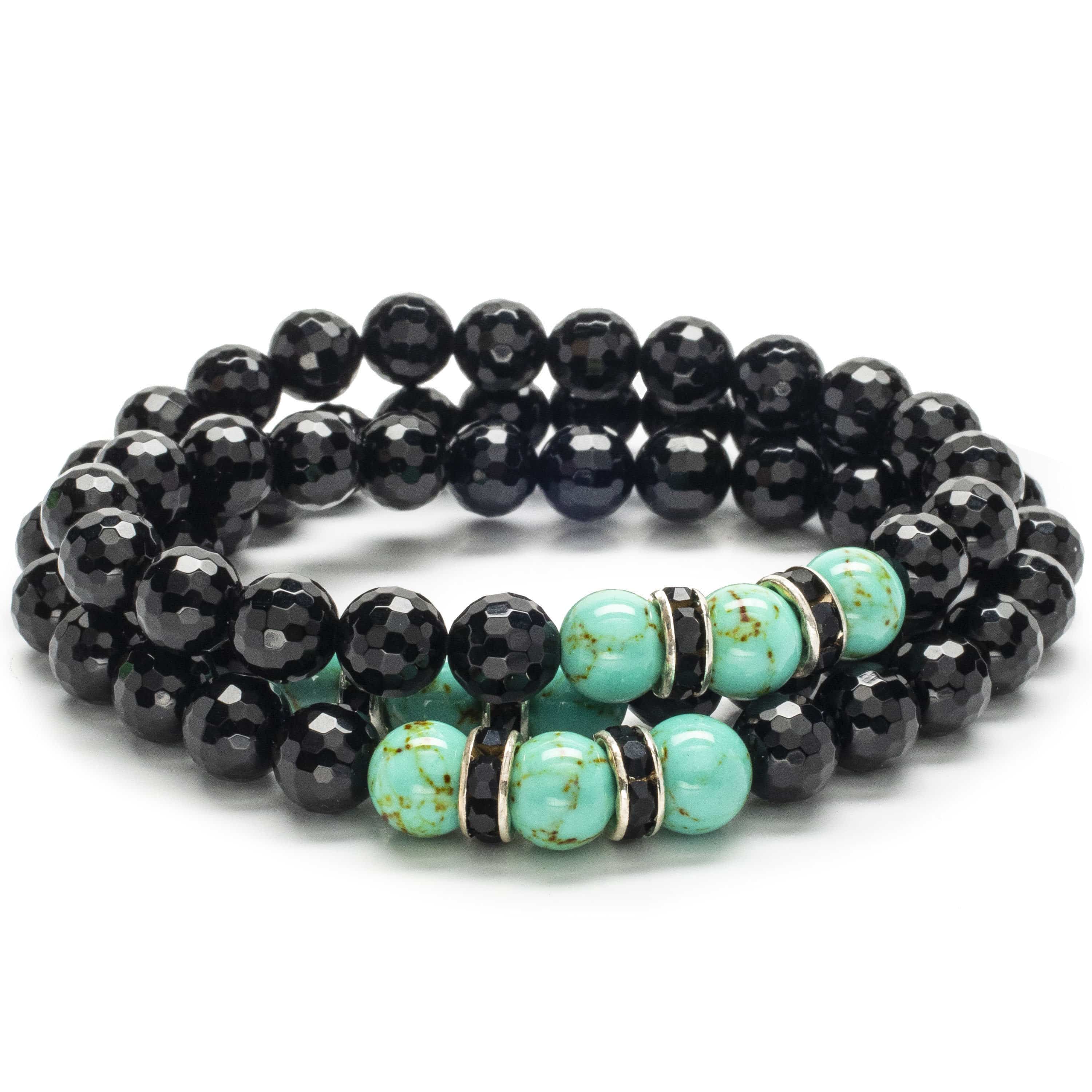 Kalifano Gemstone Bracelets Black Agate 8mm Beads with Howlite Turquoise and Crystal Accent Beads Triple Wrap Elastic Gemstone Bracelet WHITE-BGI3-015
