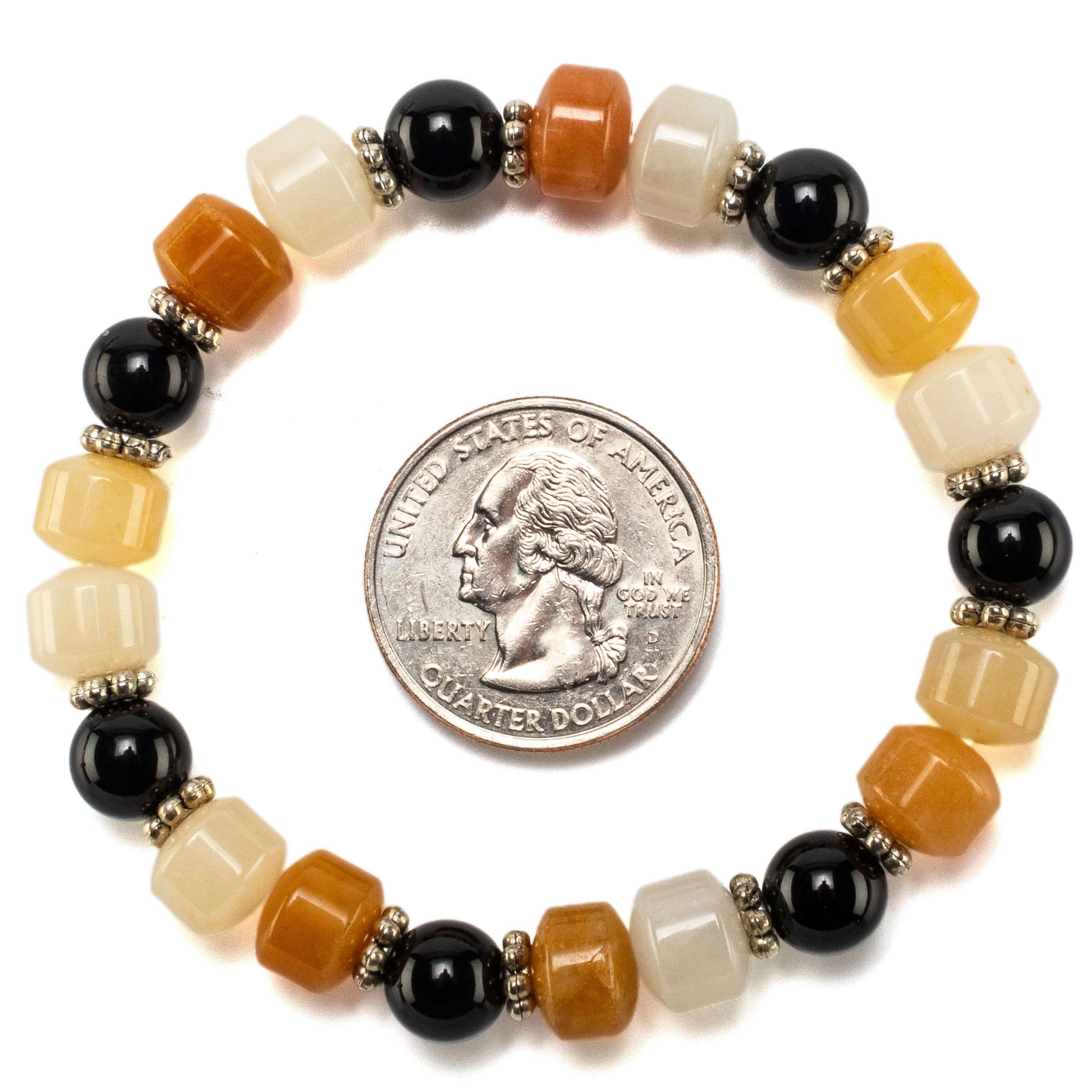 Kalifano Gemstone Bracelets Butter Jade Wheel Shaped Beads and Round Black Agate with Accent Beads Gemstone Elastic Bracelet BLUE-BGP-039