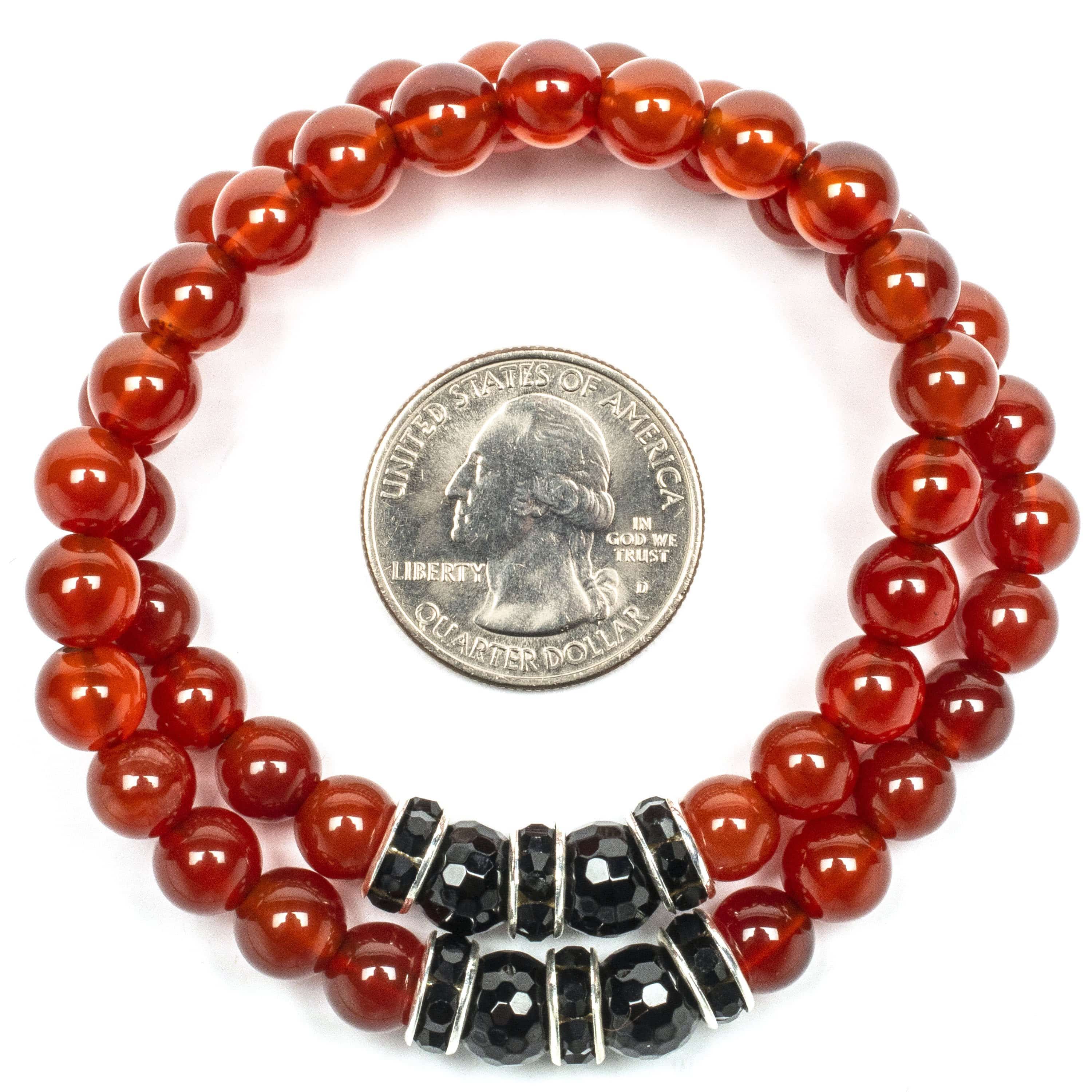 Kalifano Gemstone Bracelets Carnelian 8mm Beads with Black Agate and Black and Silver Accent Beads Double Wrap Elastic Gemstone Bracelet WHITE-BGI2-039