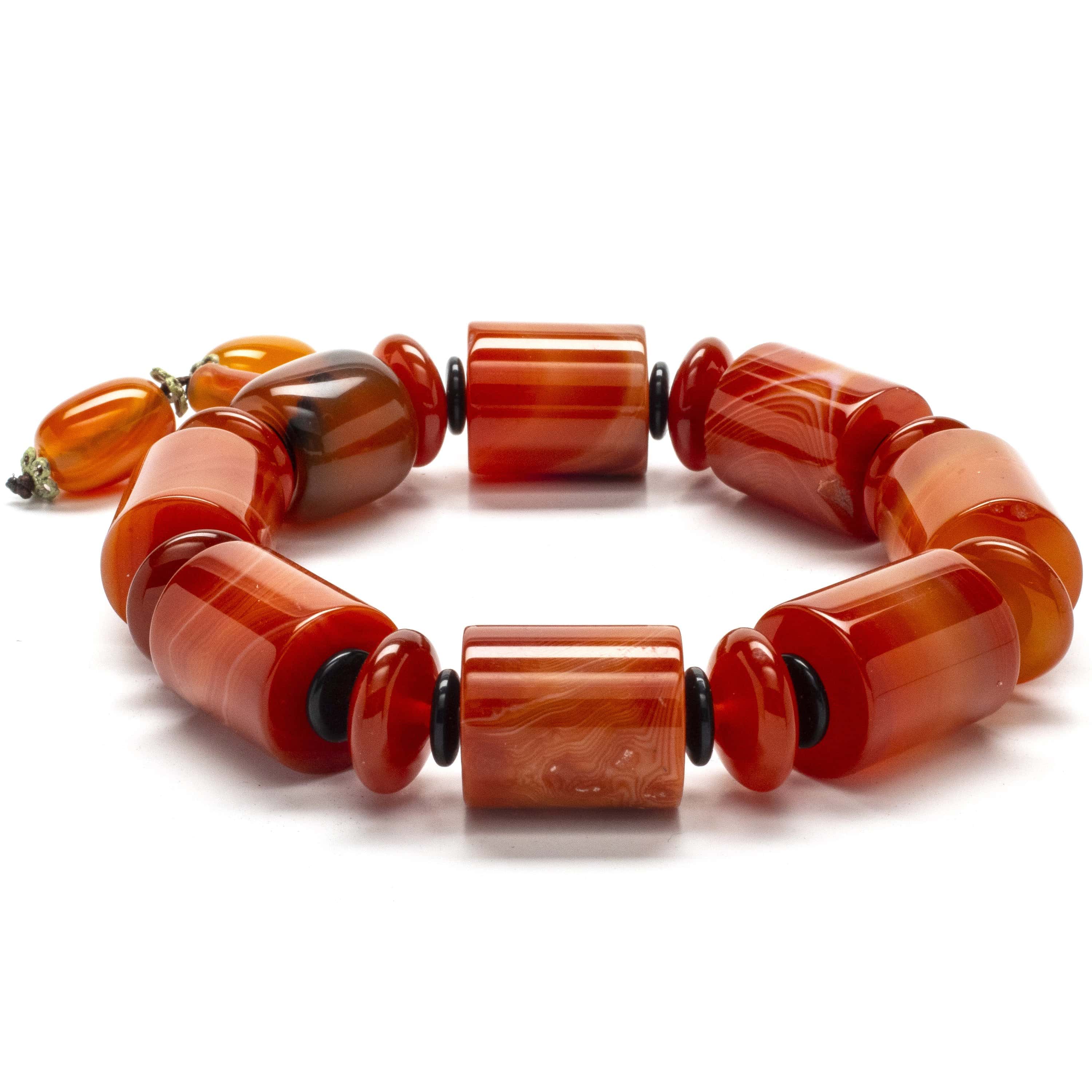 Kalifano Gemstone Bracelets Carnelian with Carnelian and Black Agate Gemstone Elastic Braceletwith Tassel WHITE-BGP-021