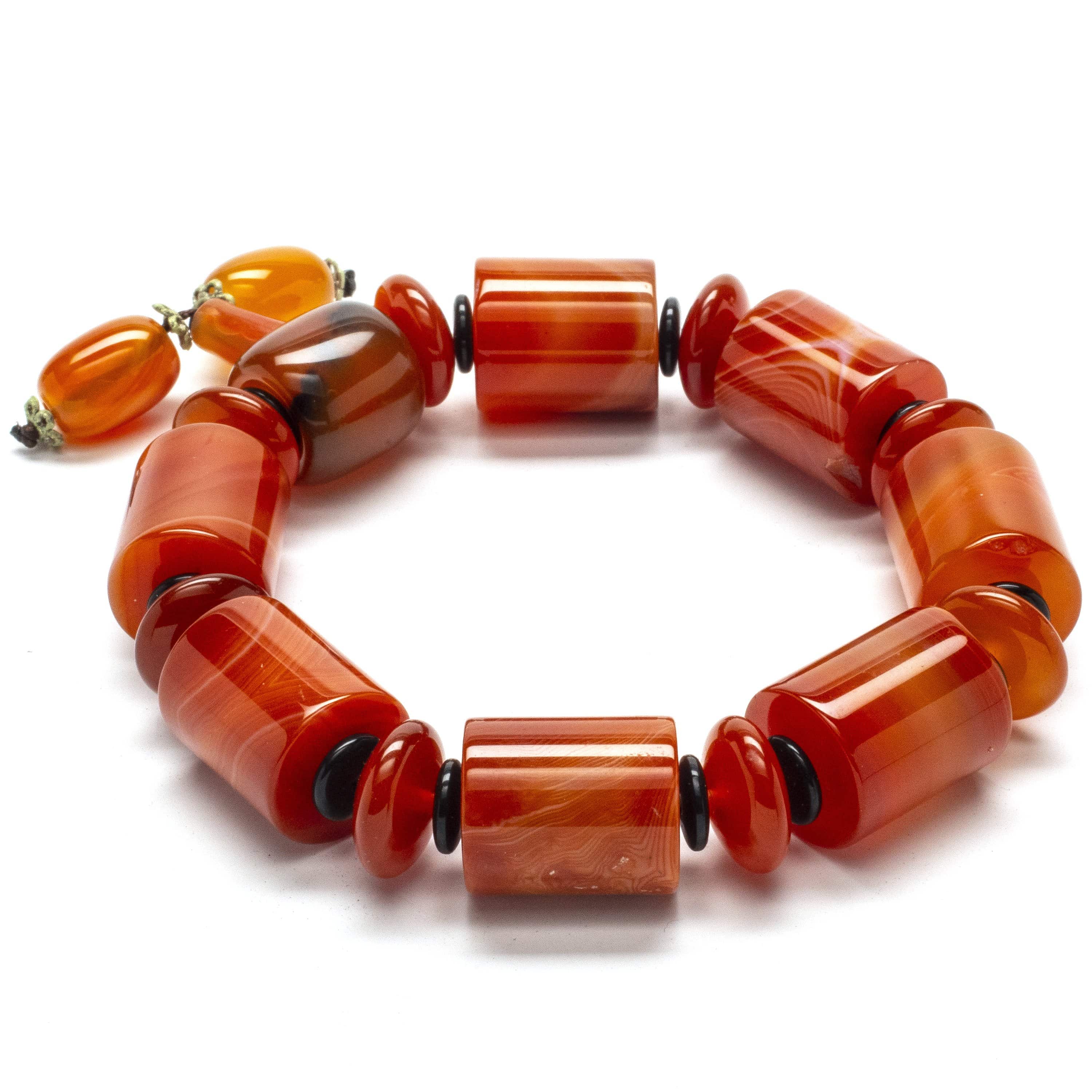Kalifano Gemstone Bracelets Carnelian with Carnelian and Black Agate Gemstone Elastic Braceletwith Tassel WHITE-BGP-021