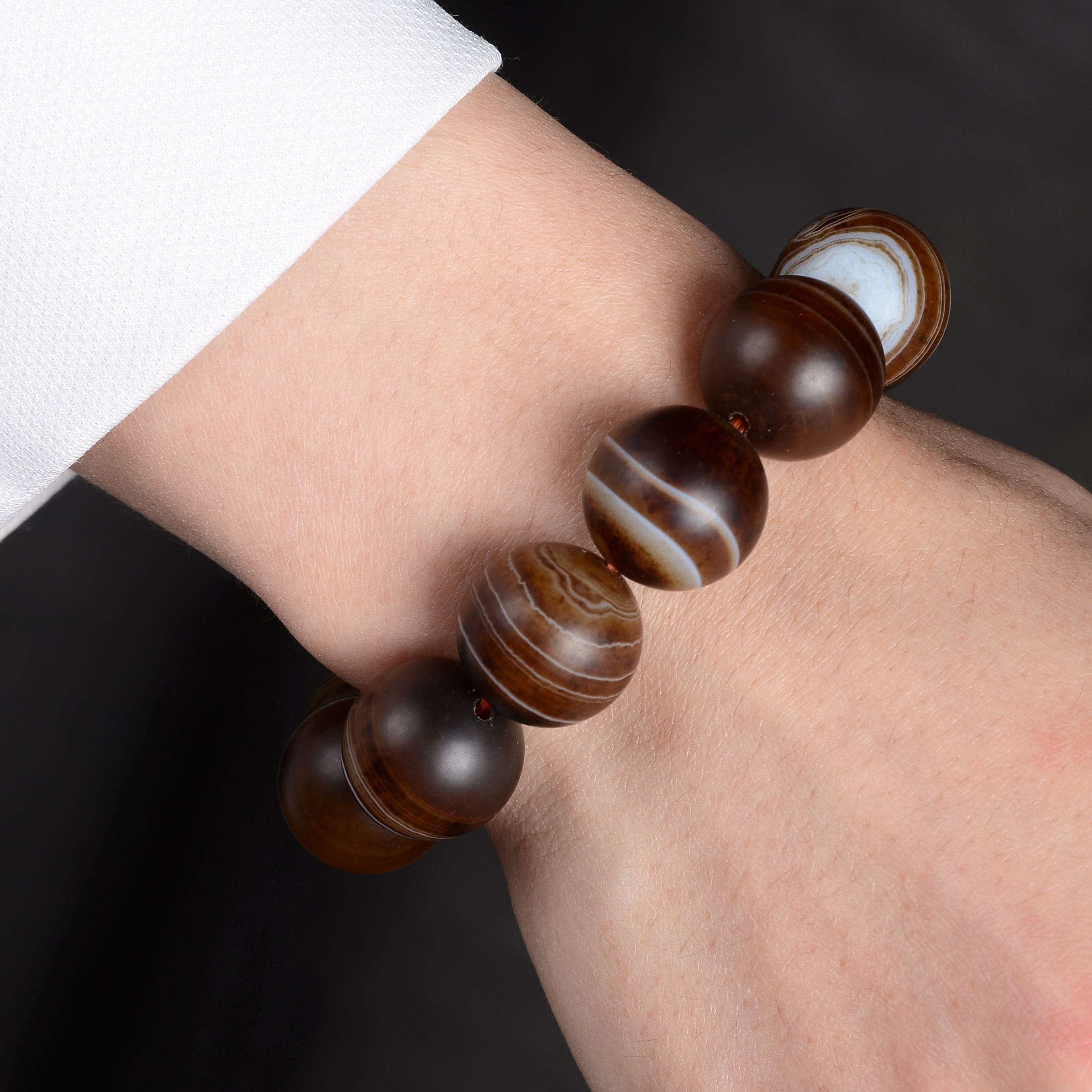Kalifano Gemstone Bracelets Espresso Agate Natural Gemstone Large Bead Elastic Bracelet PLAT-BGP-027