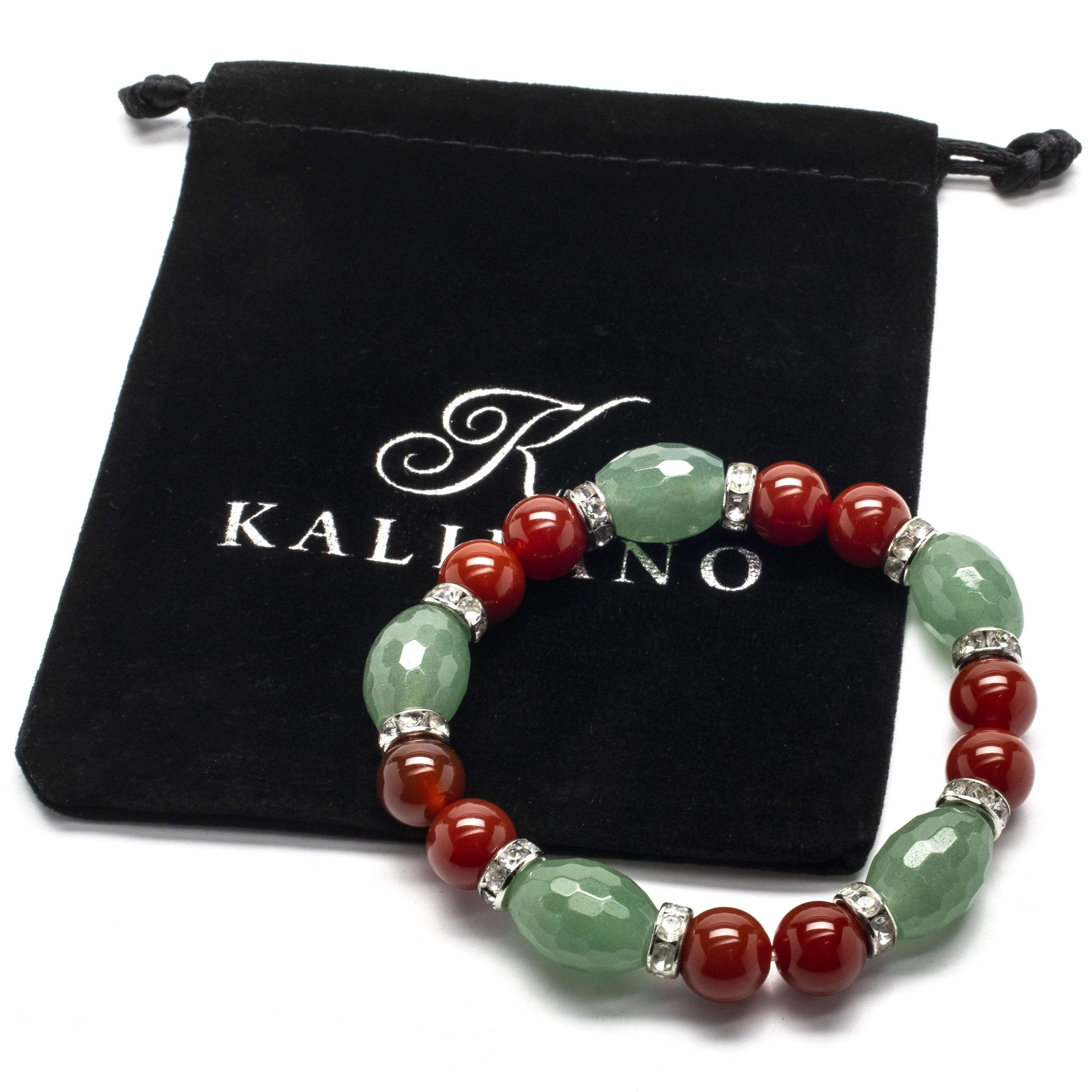 Kalifano Gemstone Bracelets Faceted Aventurine and Round Carnelian with Crystal Accents Gemstone Elastic Bracelet WHITE-BGP-034