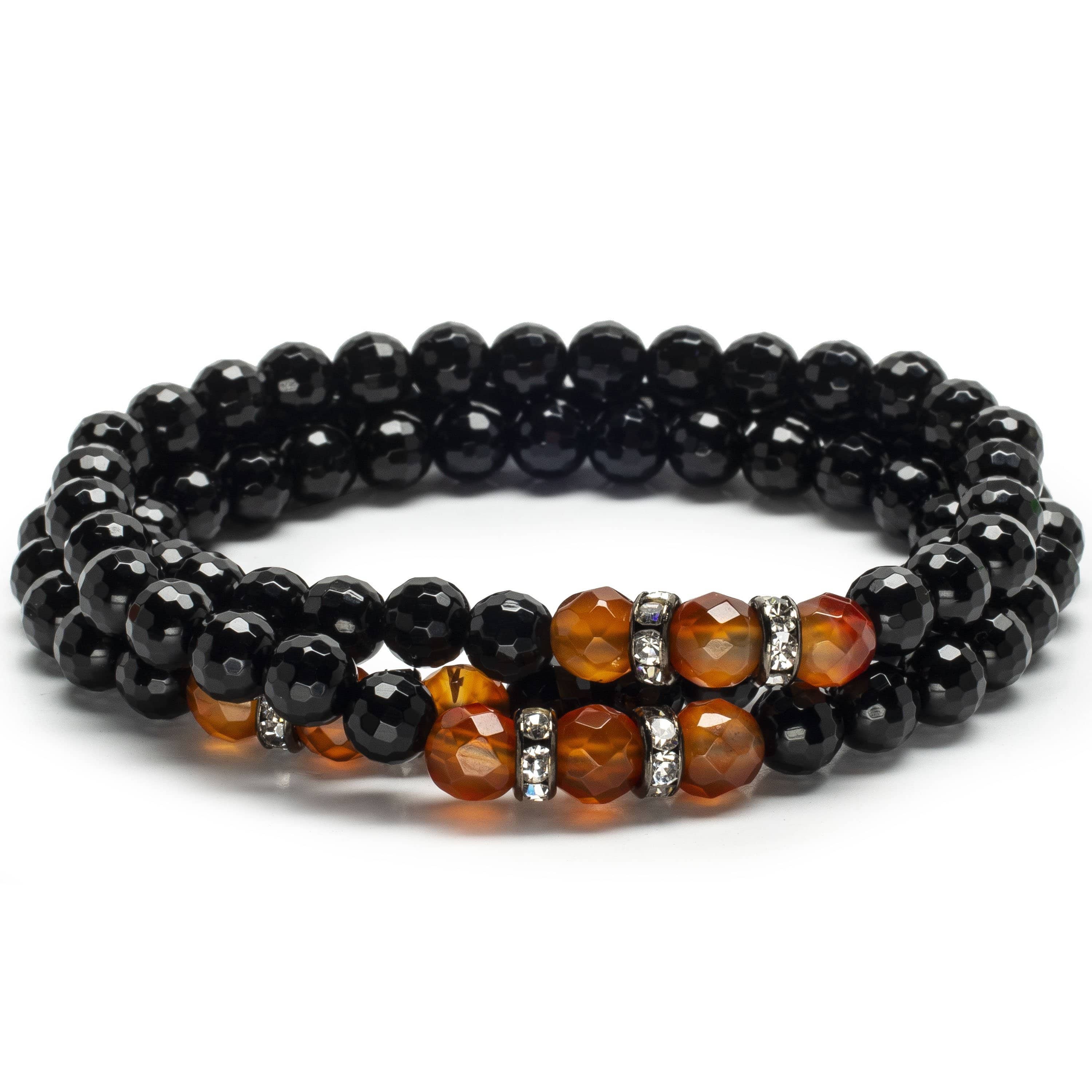 Kalifano Gemstone Bracelets Faceted Black Agate 6mm Beads with Carnelian and Crystal Accent Beads Triple Wrap Elastic Gemstone Bracelet WHITE-BGI3-058