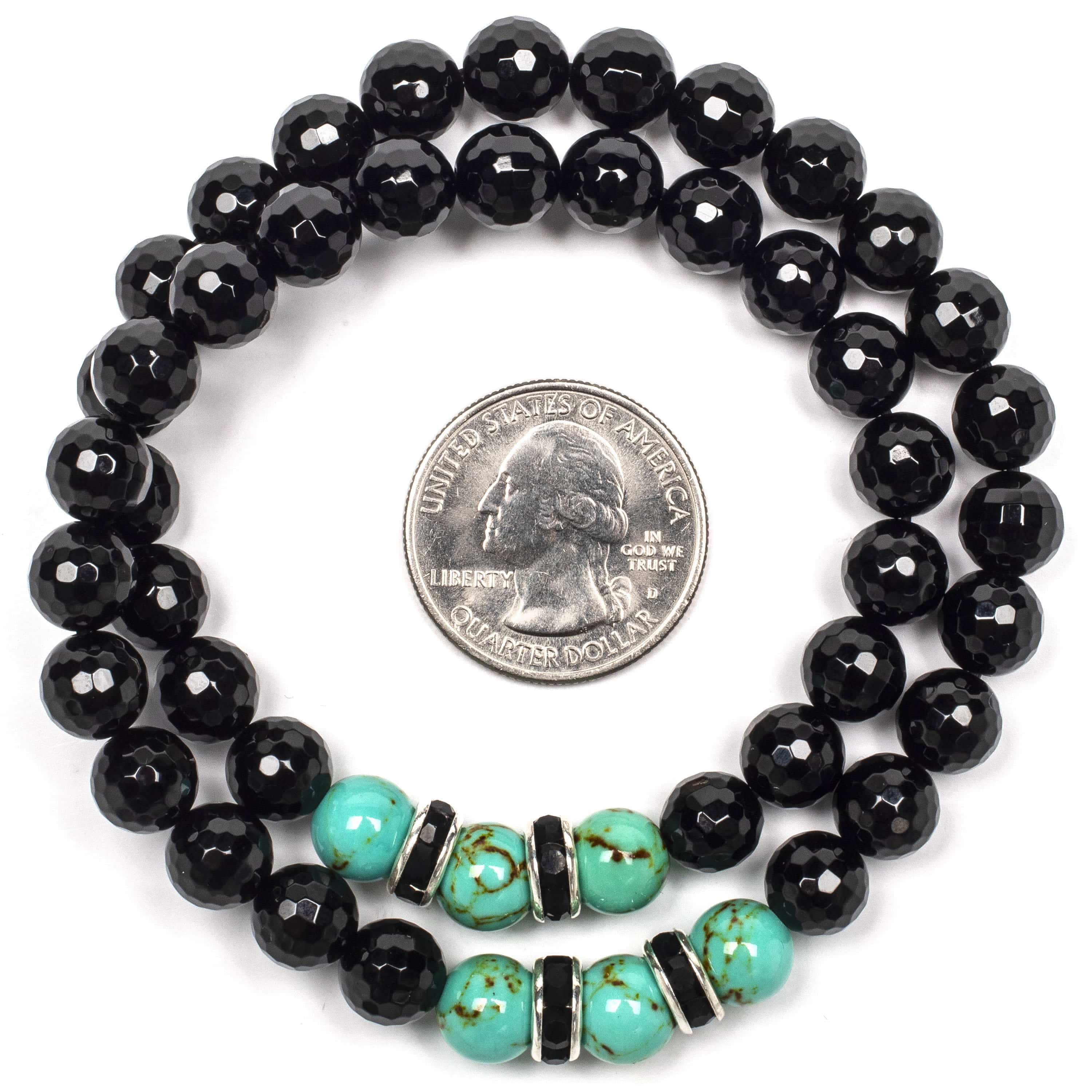 Kalifano Gemstone Bracelets Faceted Black Agate 8mm Beads with Howlite Turquoise and Black and Silver Accent Beads Double Wrap Elastic Gemstone Bracelet WHITE-BGI2-038