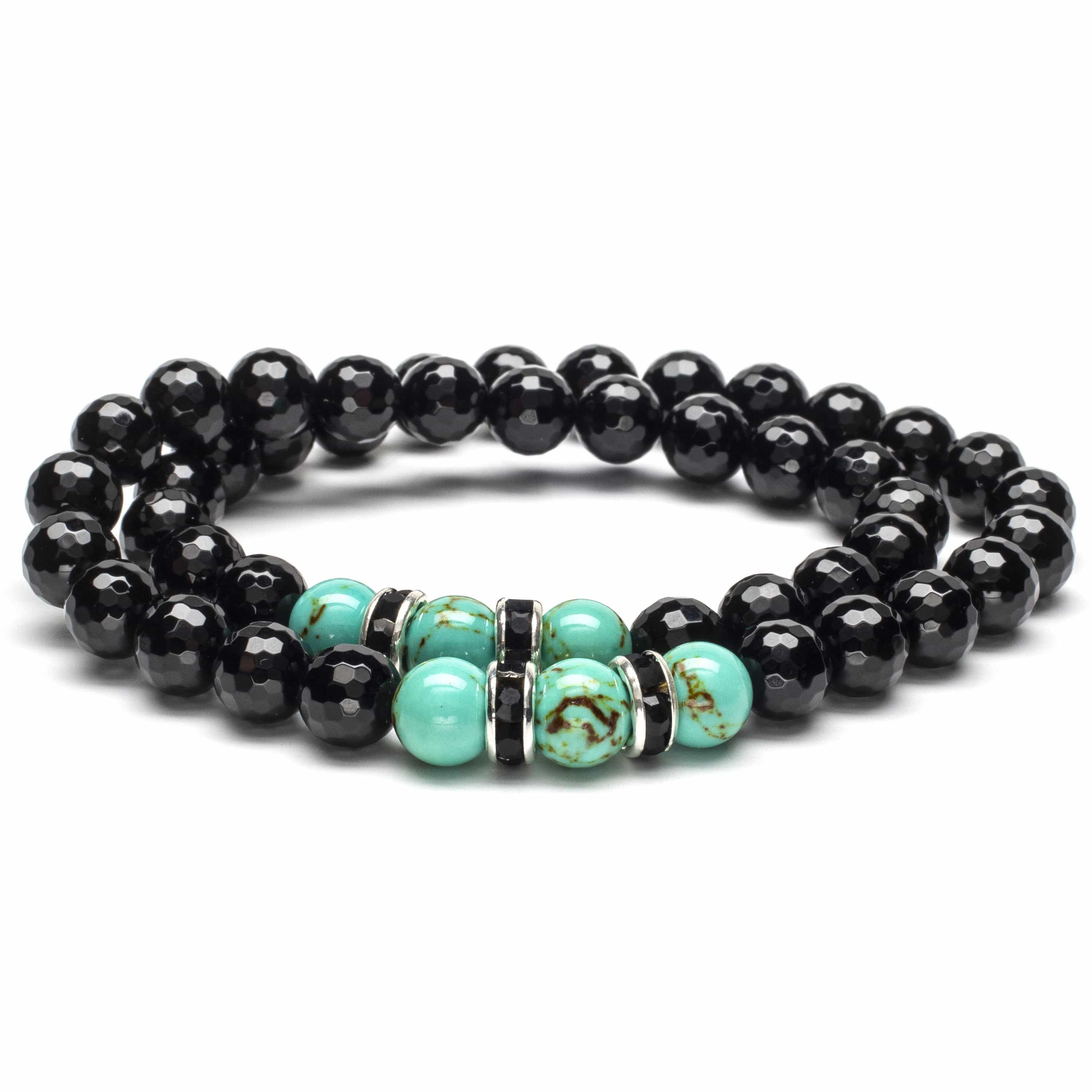 Kalifano Gemstone Bracelets Faceted Black Agate 8mm Beads with Howlite Turquoise and Black and Silver Accent Beads Double Wrap Elastic Gemstone Bracelet WHITE-BGI2-038