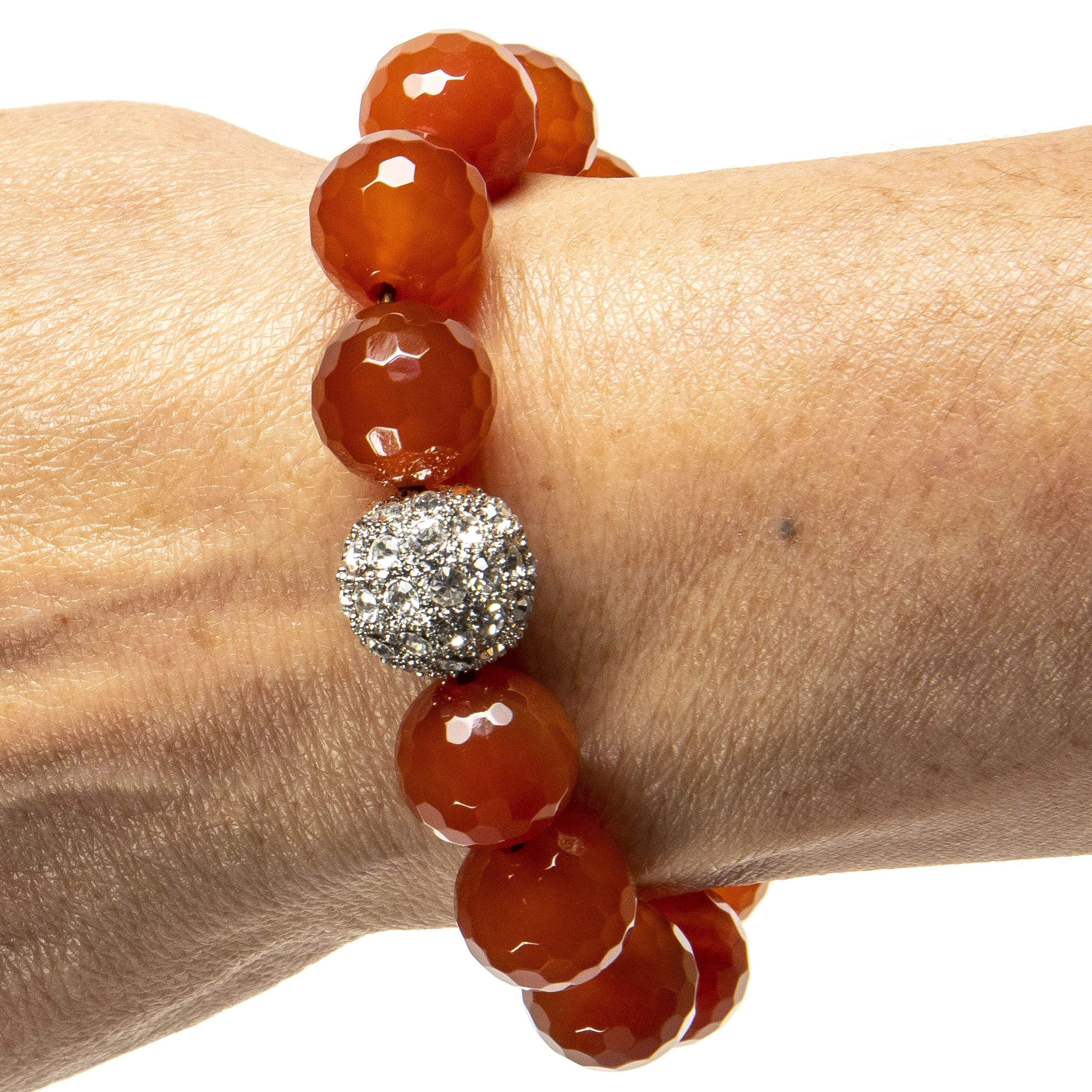 Kalifano Gemstone Bracelets Faceted Carnelian 14mm Gemstone Bead Braceletwith Sparkly Accent Bead Gemstone Elastic Bracelet WHITE-BGP-048