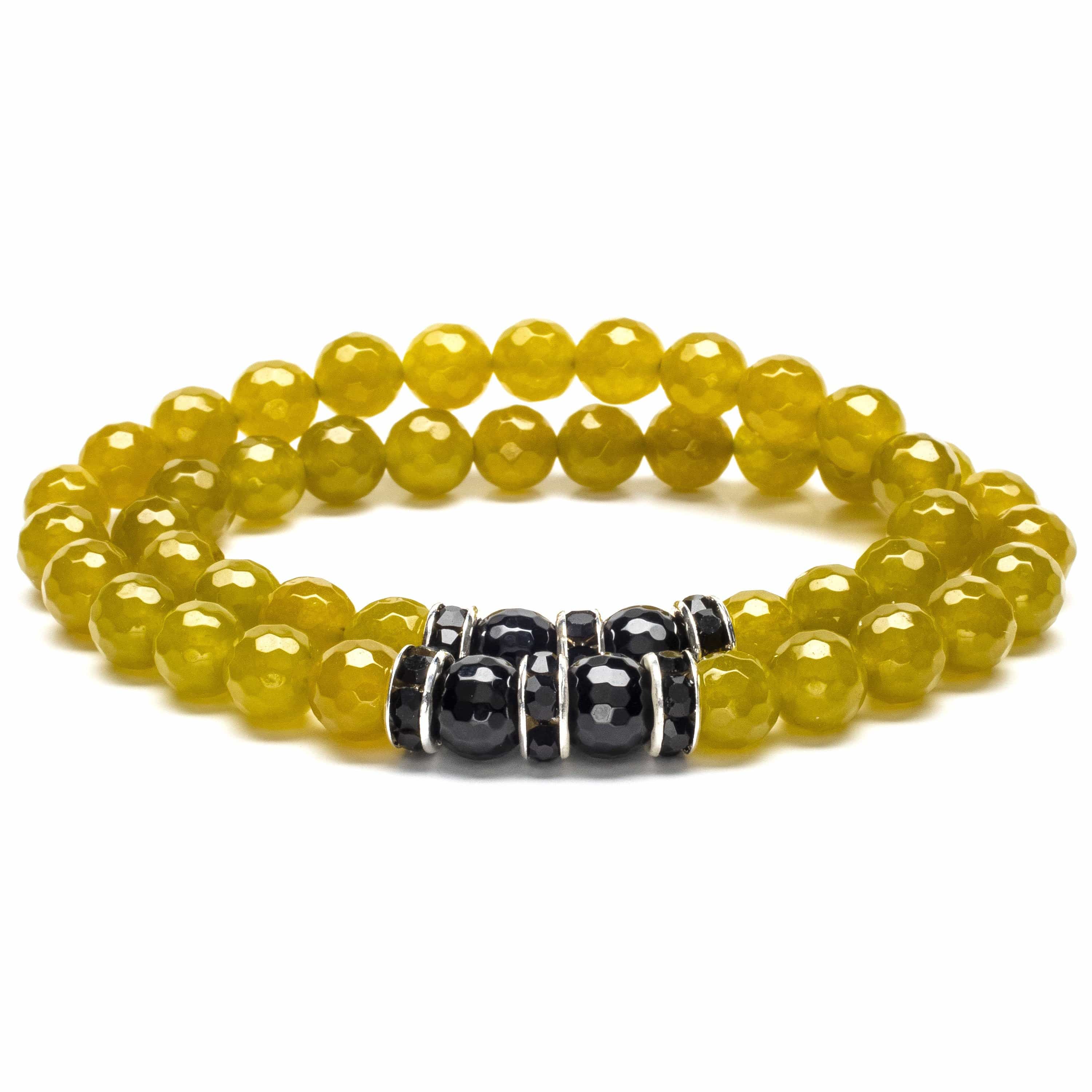 Kalifano Gemstone Bracelets Faceted Green Agate 8mm Beads with Black Agate and Black and Silver Accent Beads Double Wrap Elastic Gemstone Bracelet WHITE-BGI2-025