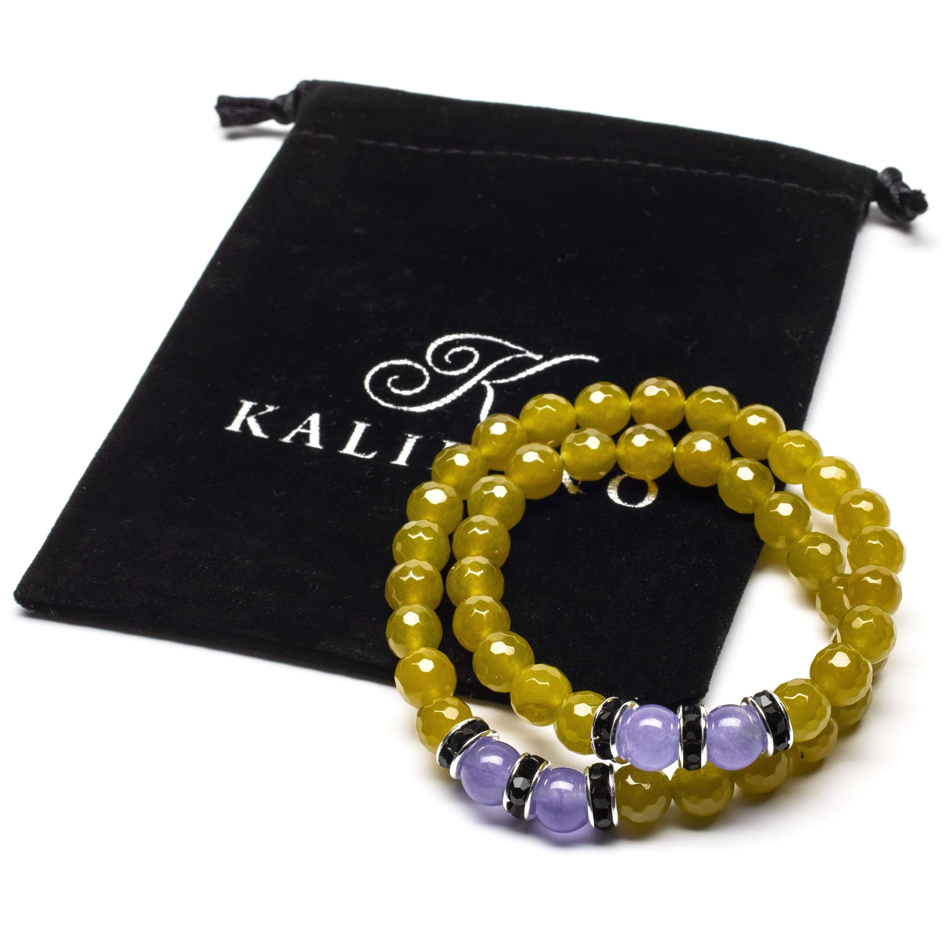 Kalifano Gemstone Bracelets Faceted Green Agate 8mm Beads with Purple Agate and Black and Silver Accent Beads Double Wrap Elastic Gemstone Bracelet WHITE-BGI2-026