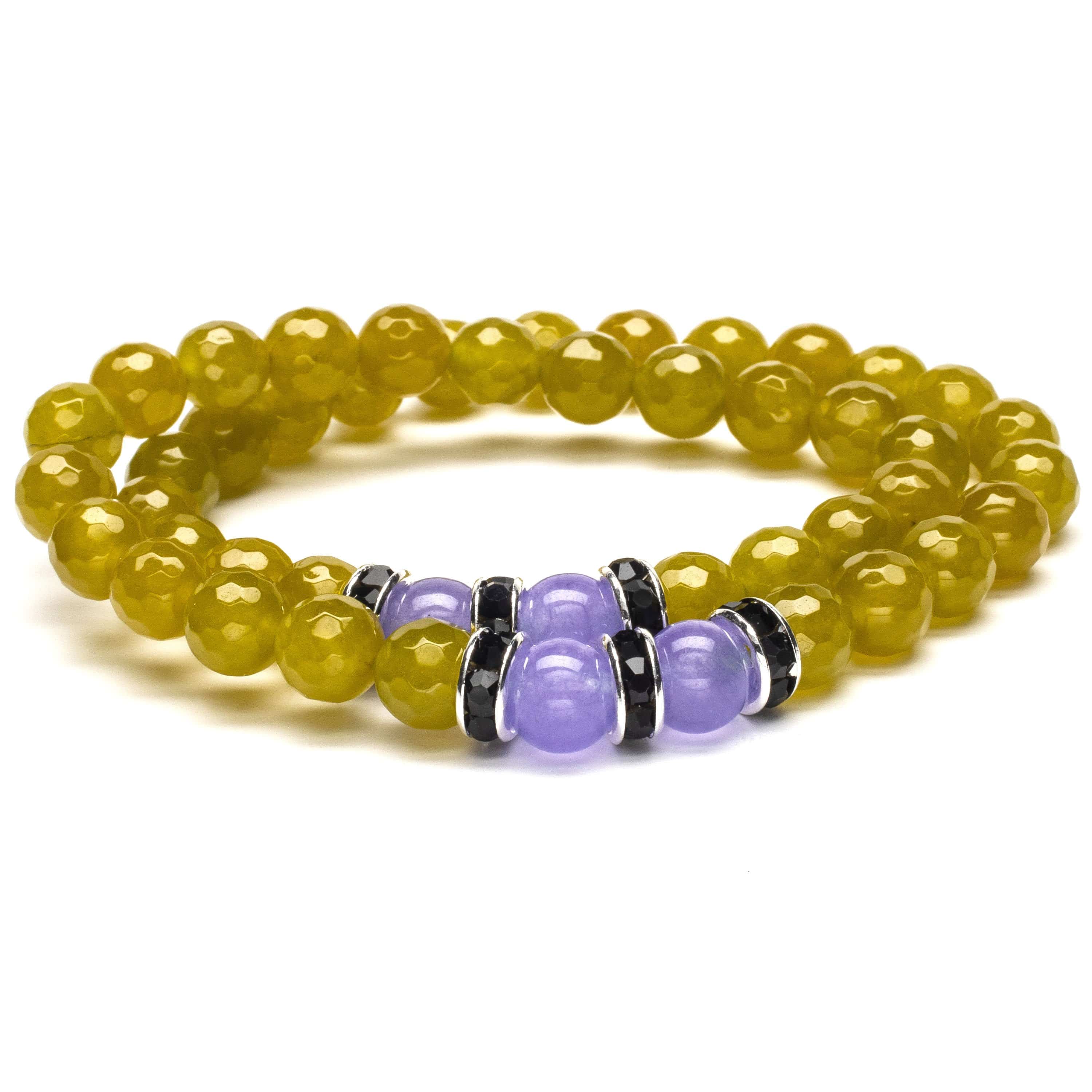 Kalifano Gemstone Bracelets Faceted Green Agate 8mm Beads with Purple Agate and Black and Silver Accent Beads Double Wrap Elastic Gemstone Bracelet WHITE-BGI2-026