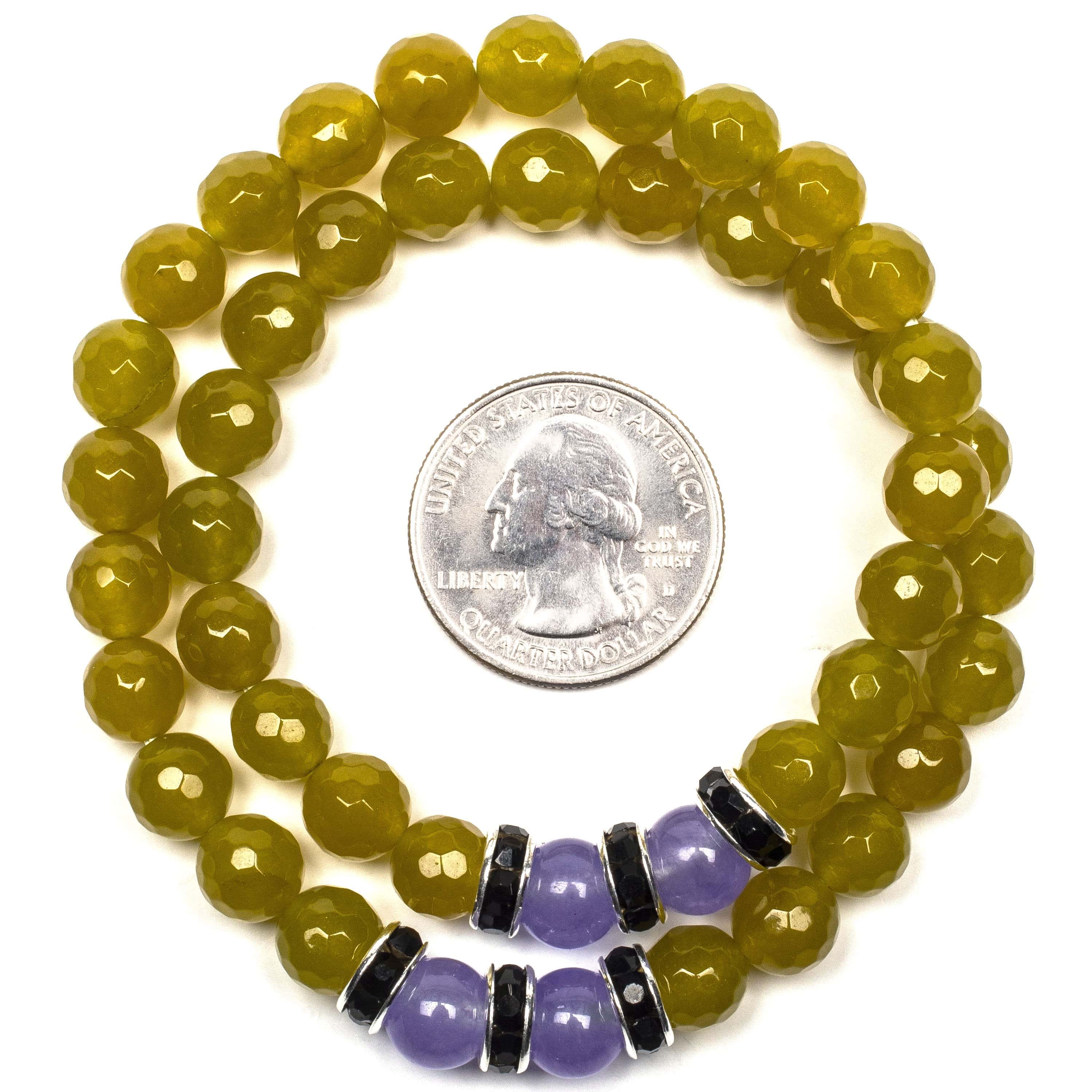 Kalifano Gemstone Bracelets Faceted Green Agate 8mm Beads with Purple Agate and Black and Silver Accent Beads Double Wrap Elastic Gemstone Bracelet WHITE-BGI2-026