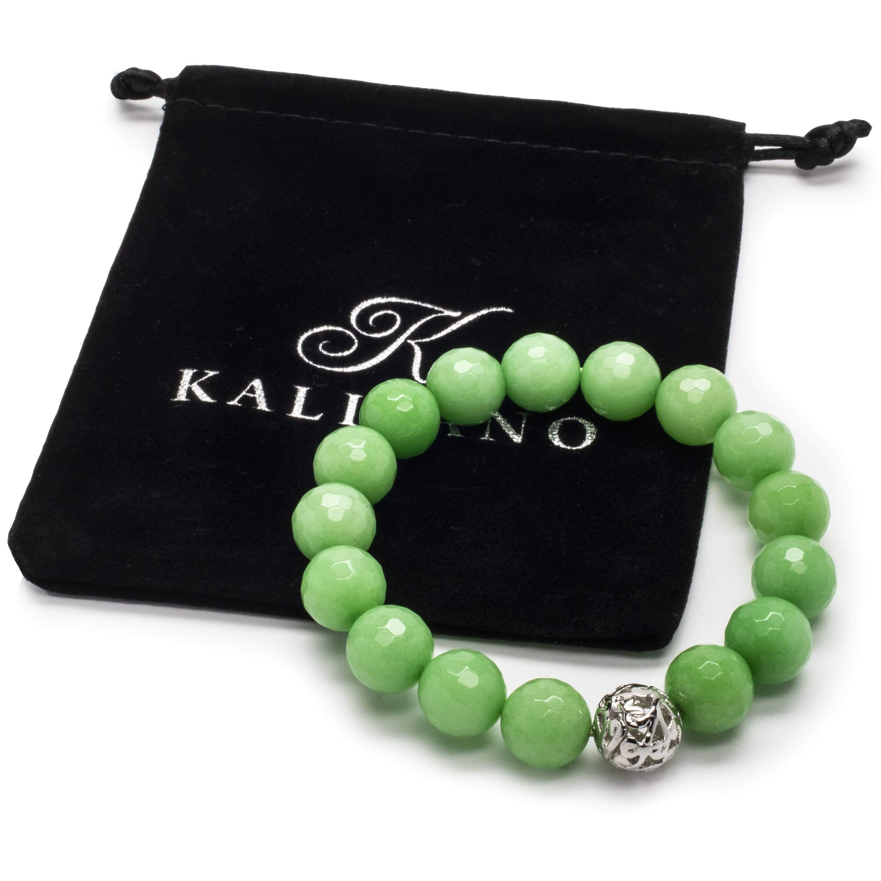 Kalifano Gemstone Bracelets Faceted Green Color Enhanced Jade with Silver Accent Bead Gemstone Elastic Bracelet RED-BGP-041