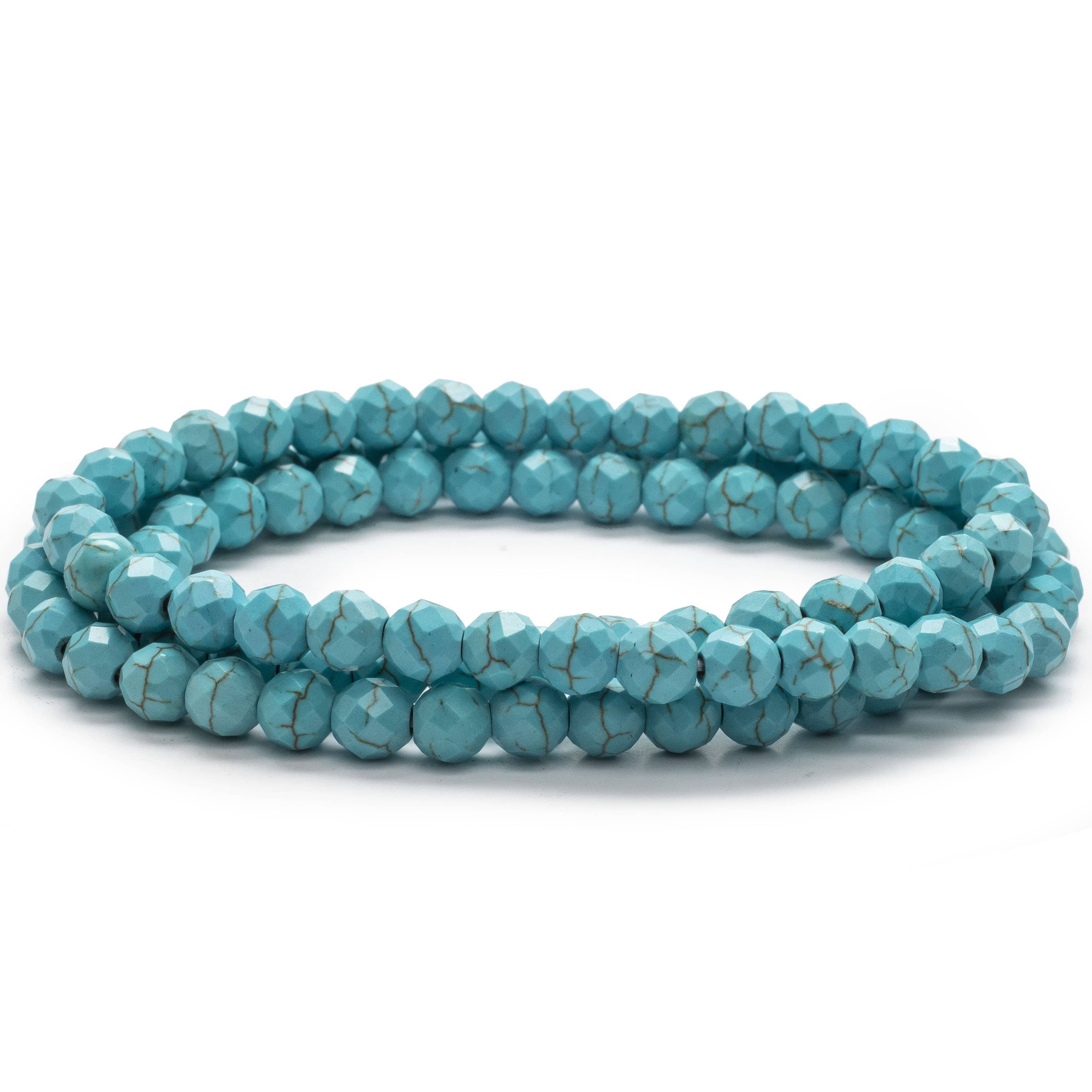 Kalifano Gemstone Bracelets Faceted Howlite Turquoise 6mm Gemstone Bead Triple Wrap Elastic Bracelet WHITE-BGI3-007