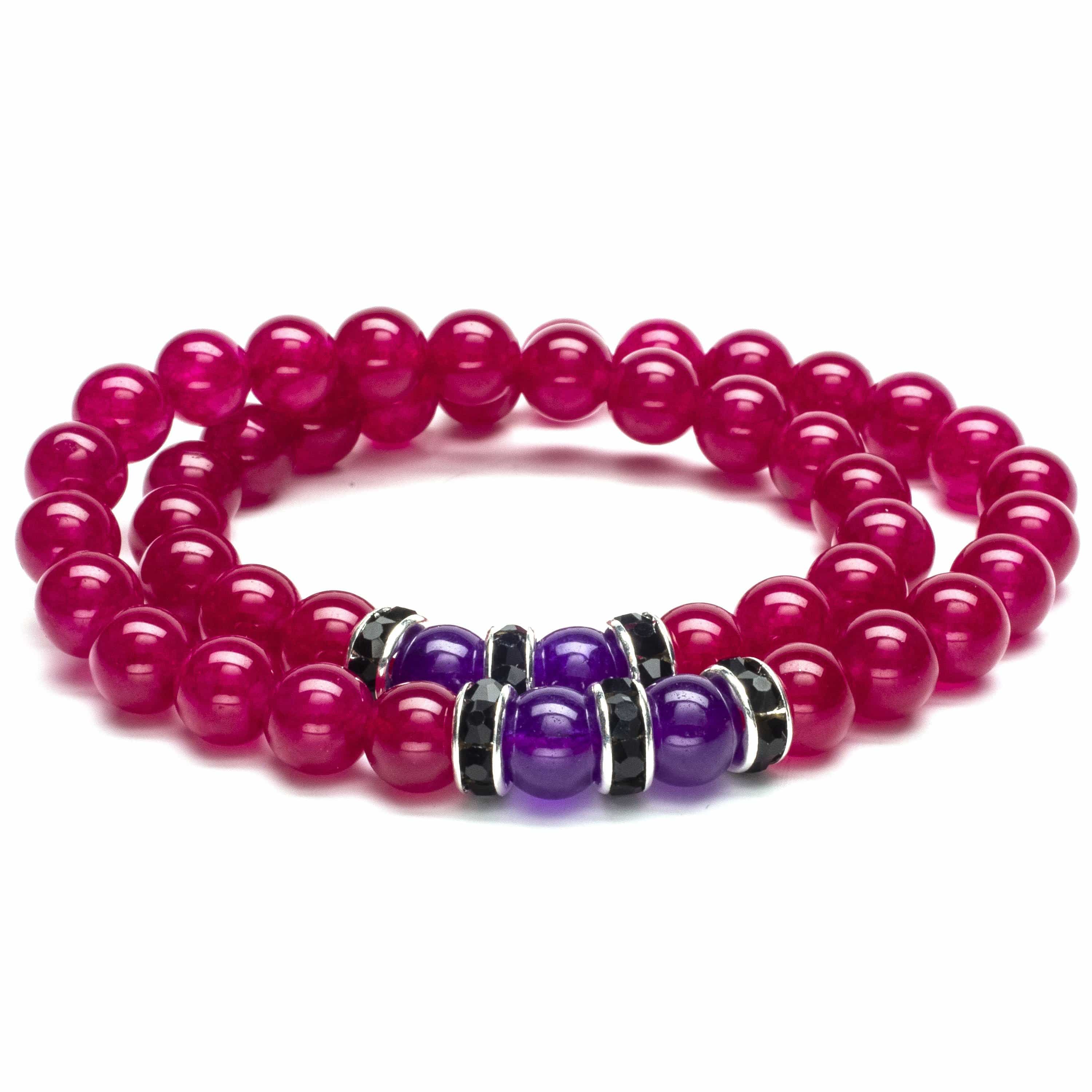 Kalifano Gemstone Bracelets Fuchsia Agate 8mm Beads with Amethyst and Black and Silver Accent Beads Double Wrap Elastic Gemstone Bracelet WHITE-BGI2-036