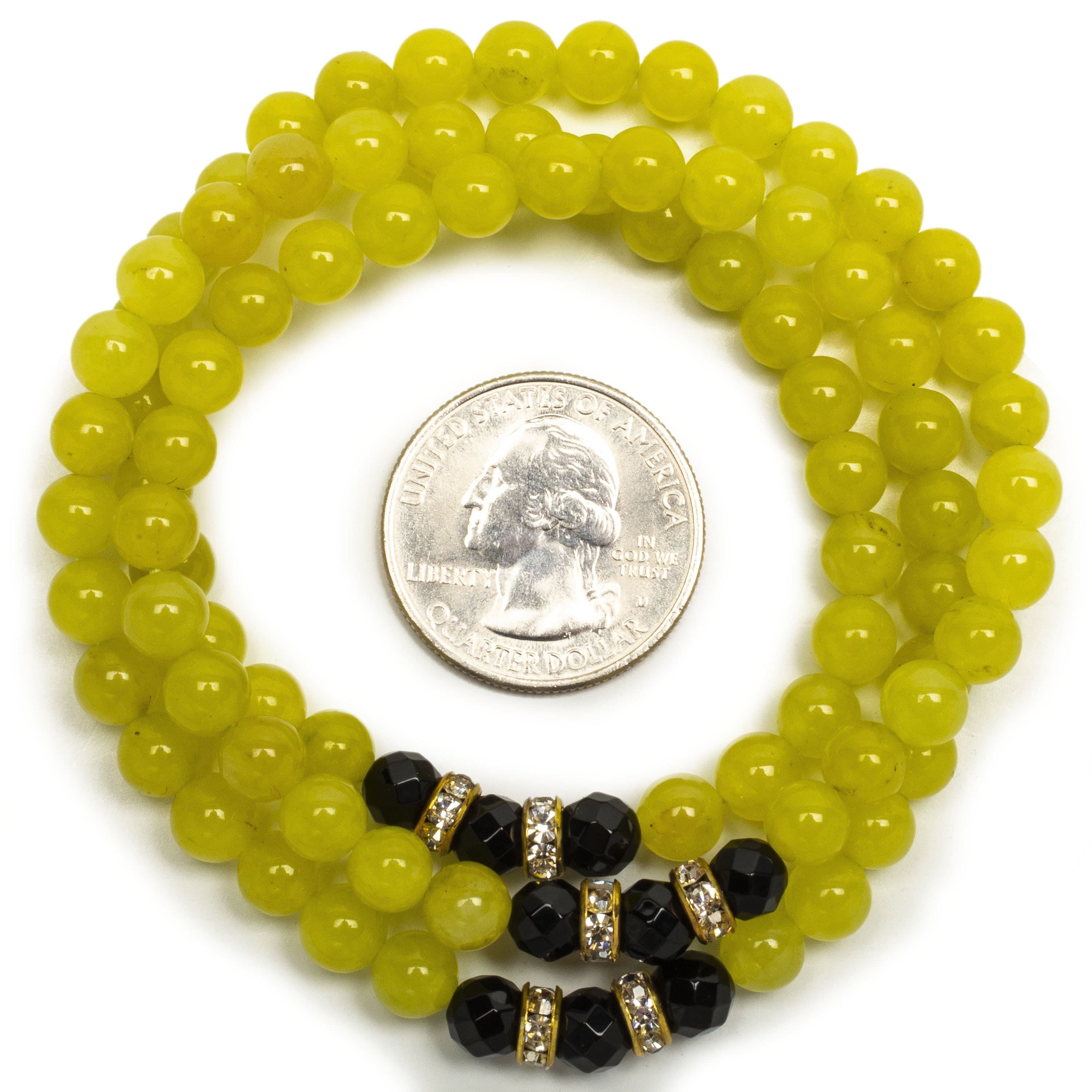 Kalifano Gemstone Bracelets Green Agate 6mm Beads with Black Agate and Gold Color Crystal Accent Beads Triple Wrap Elastic Gemstone Bracelet WHITE-BGI3-057
