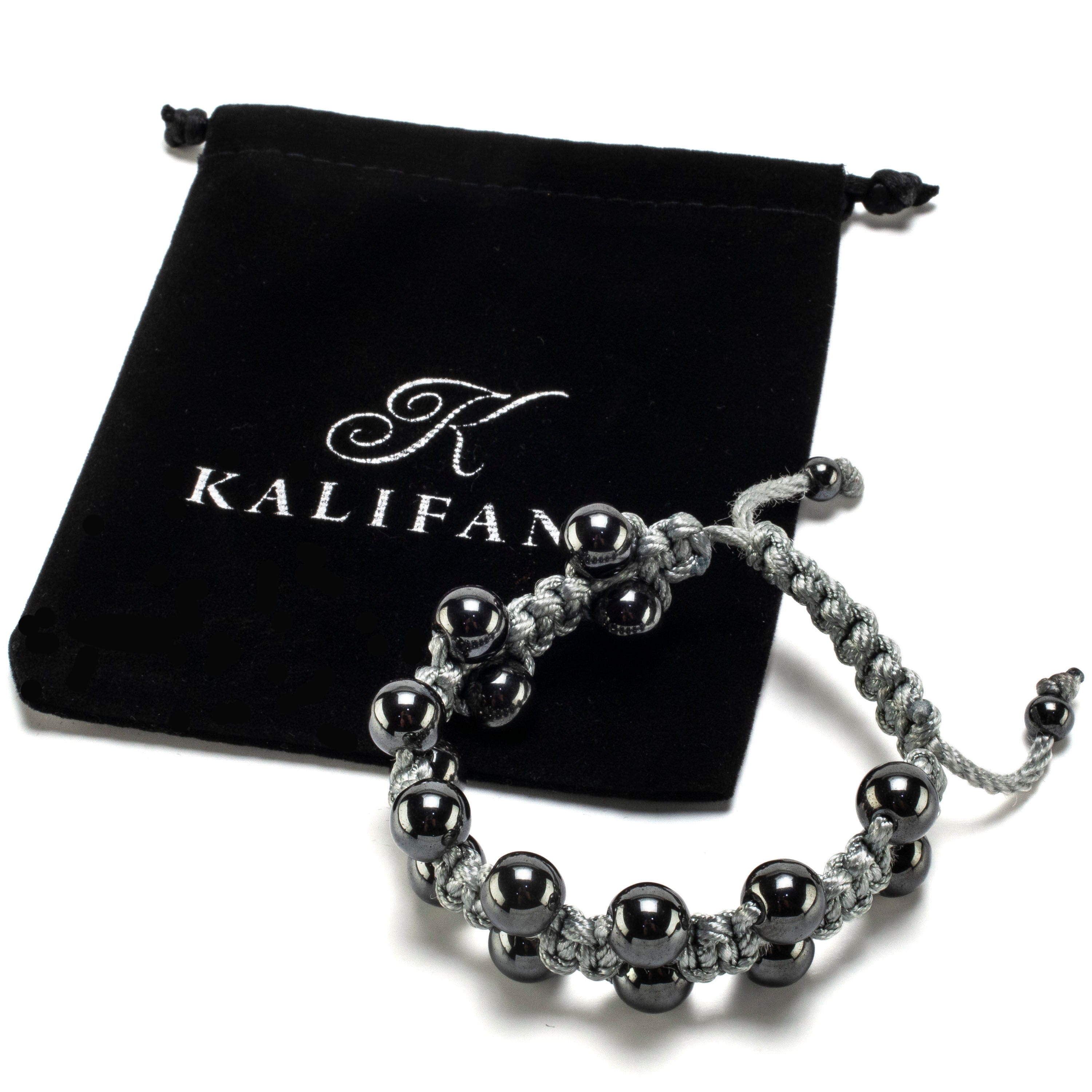 Kalifano Gemstone Bracelets Hematite 10mm Beads Double Layer Grey Rope Adjustable Bracelet BLUE-BGP-045